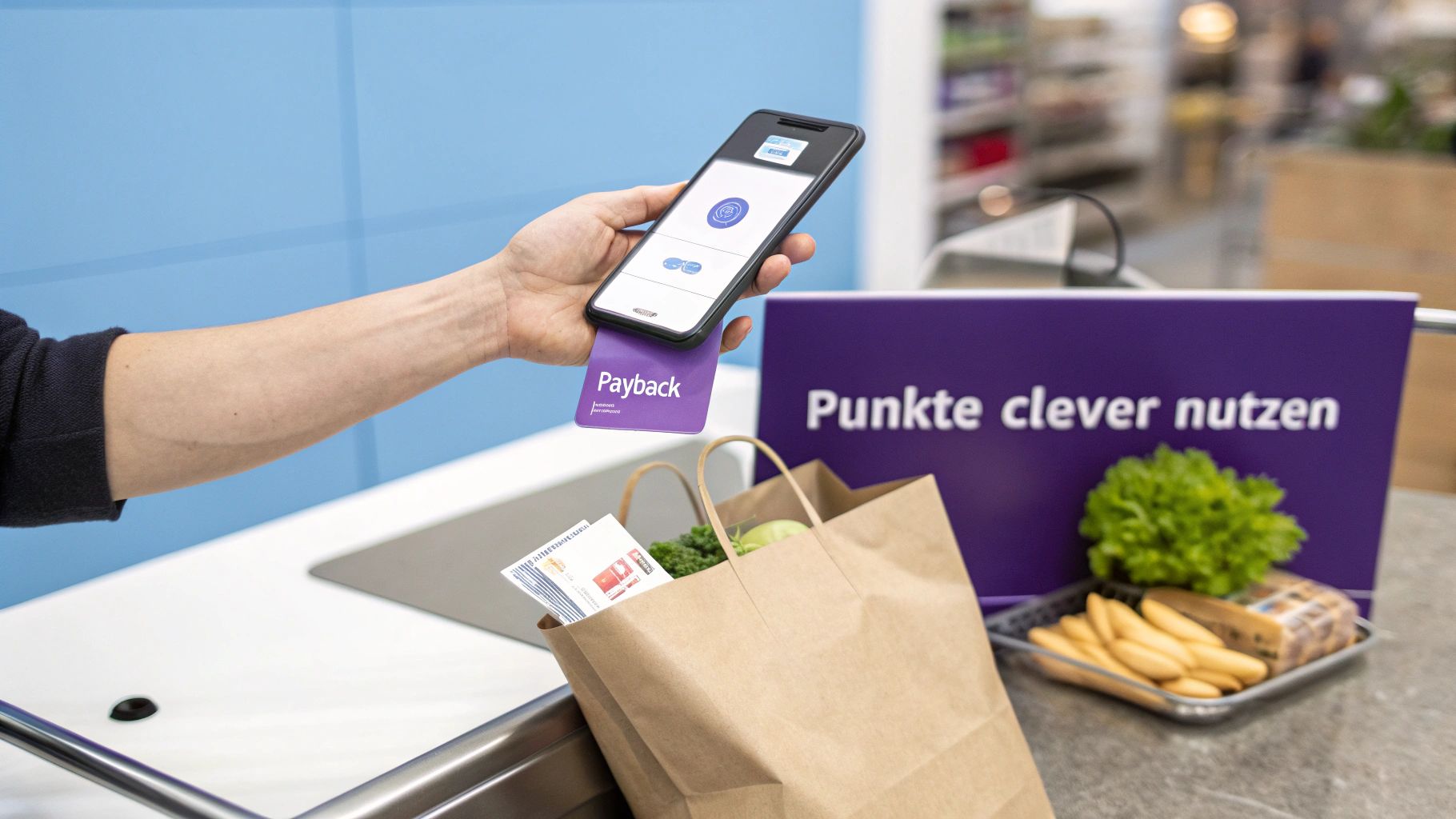 Eine Hand hält ein Smartphone und eine Payback-Karte an einer Supermarktkasse, daneben eine Einkaufstasche und ein Schild.