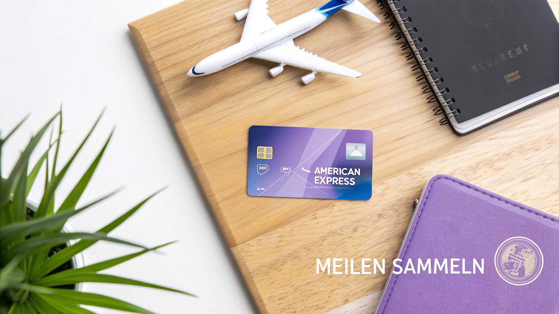 Flatlay mit Flugzeugmodell, American Express Kreditkarte und Notizbuch auf Holz. Meilen sammeln für Reisen.