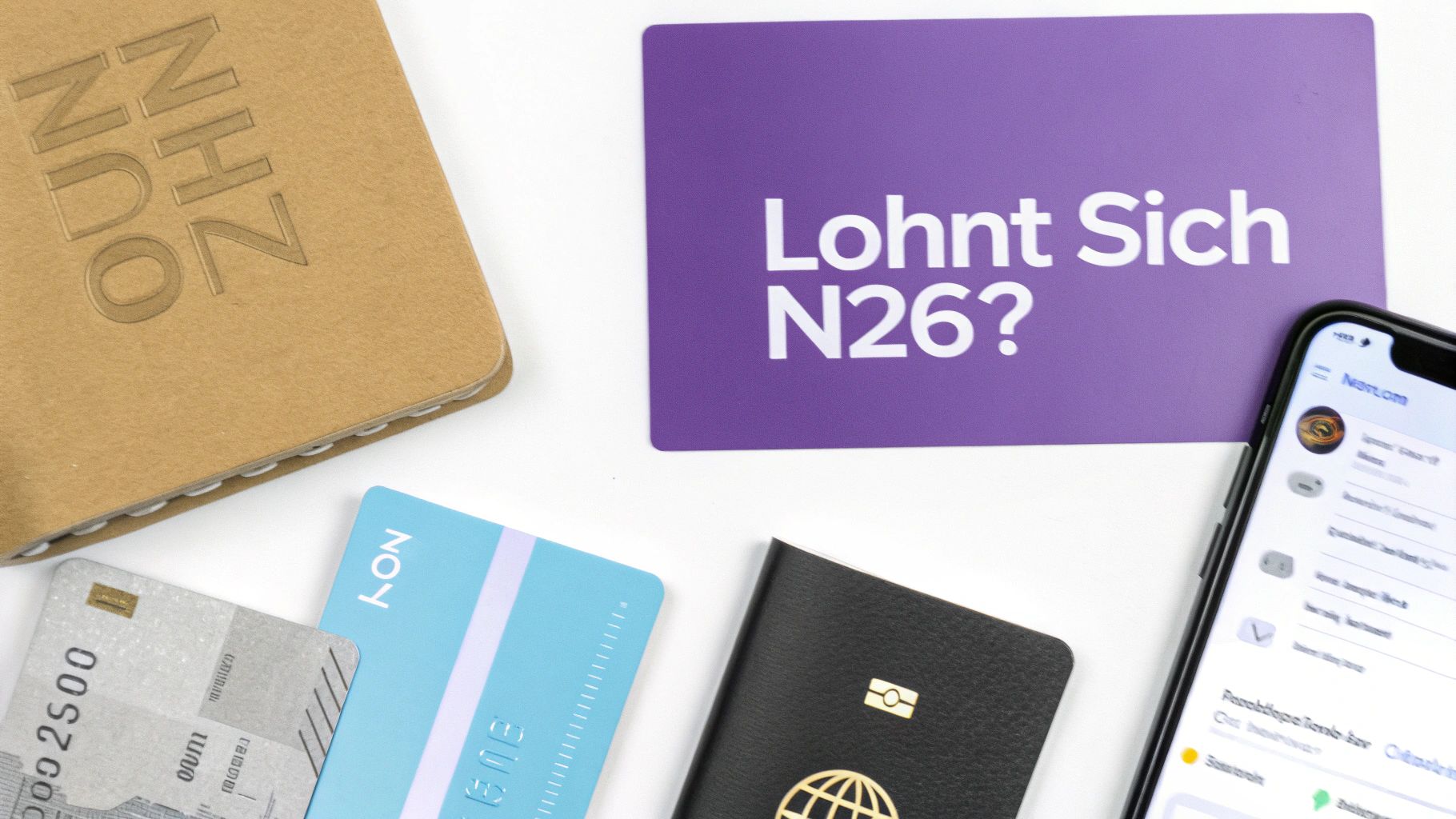 Ein Mann hält eine N26 Metal Karte in der Hand, während er auf einem Tablet arbeitet, mit einem Koffer im Hintergrund