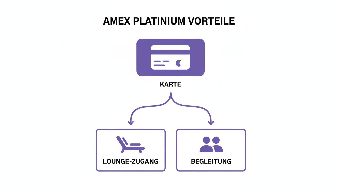 Diagramm der Amex Platinum Vorteile, die eine Karte, Lounge-Zugang und Begleitung zeigen.