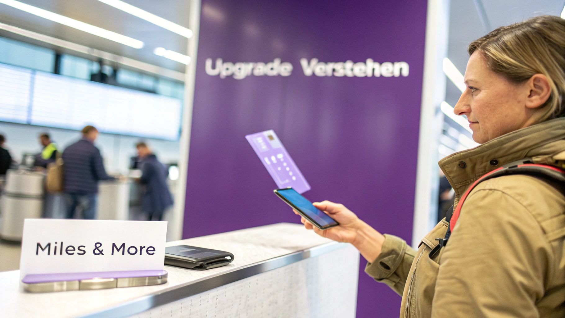Frau nutzt Miles & More App am Upgrade Verstehen Schalter für Lufthansa Statusupgrade