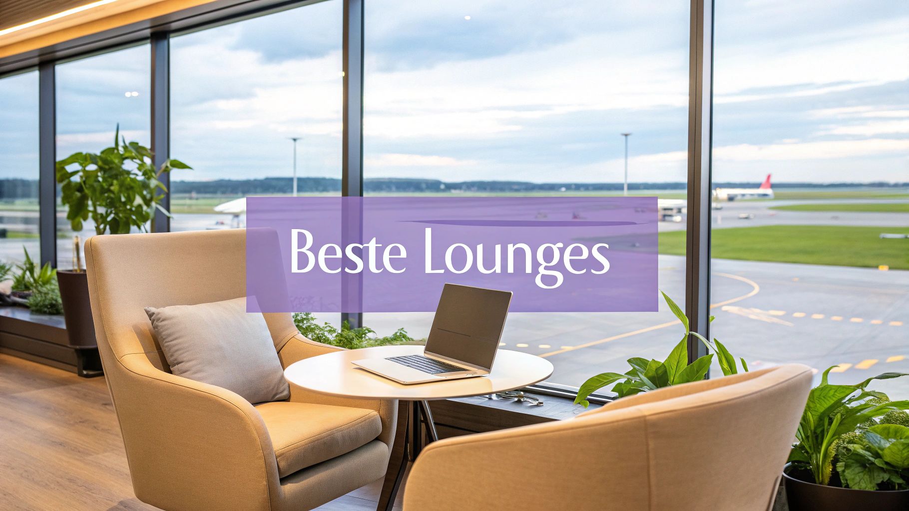 Bequeme Stühle und ein Laptop in einer Flughafenlounge mit Blick auf die Landebahn und ein Flugzeug.