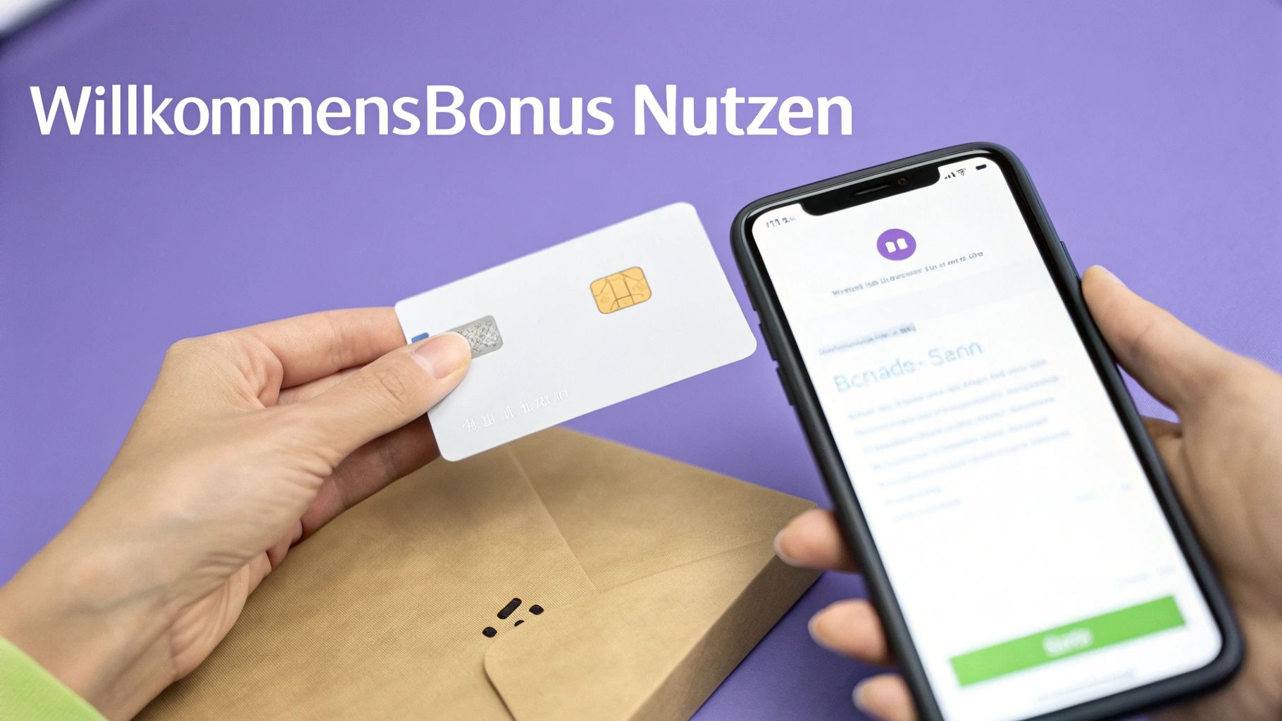 Eine Hand hält eine weiße Karte, die andere ein Smartphone mit App. Text: WillkommensBonus Nutzen.