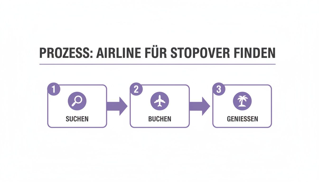 Prozess zum Finden und Buchen von Airlines für einen Stopover mit den Schritten Suchen, Buchen, Genießen.
