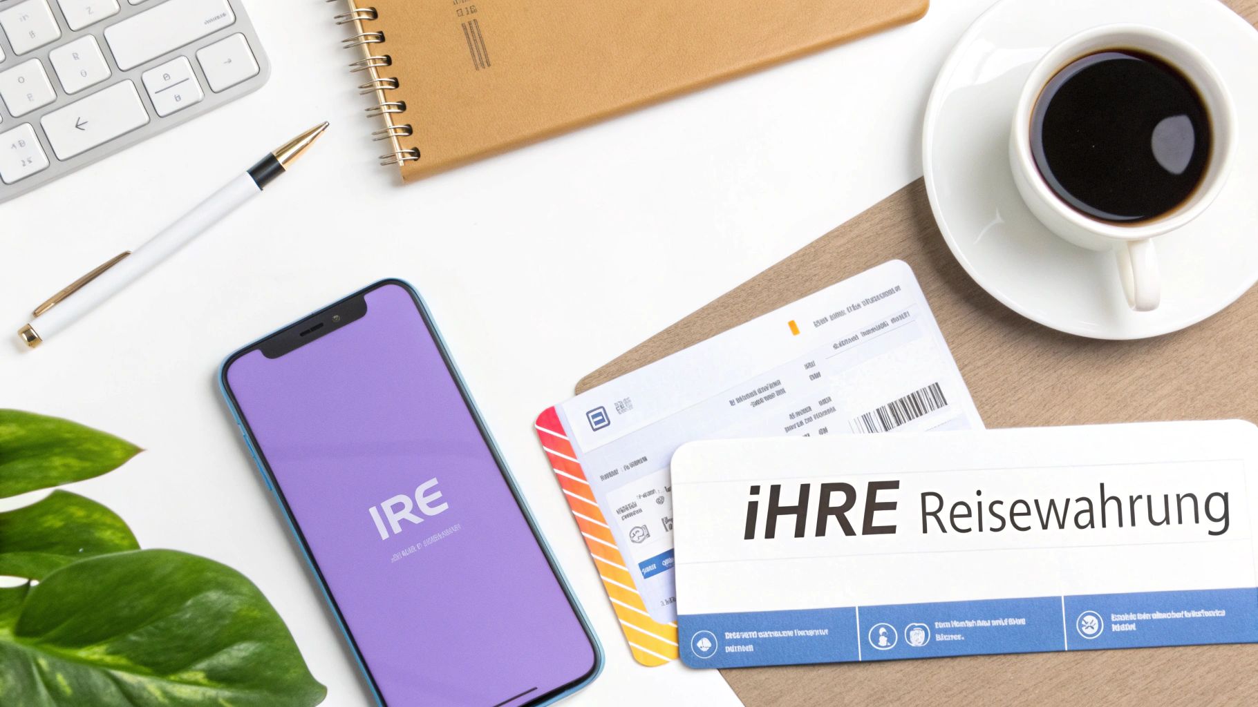 Flatlay eines Schreibtisches mit Smartphone, Reisepapieren, Kaffeetasse, Notizbuch und Stift.