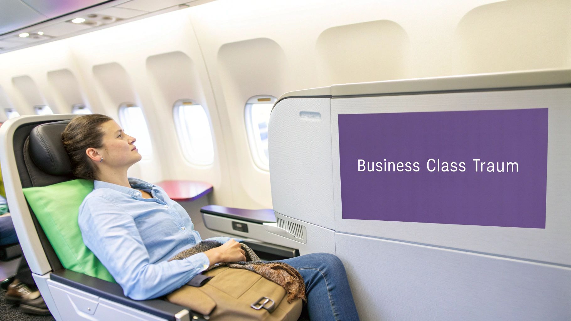 Eine Frau entspannt sich in einem bequemen Business-Class-Sitz im Flugzeug, schaut aus dem Fenster. Ein Bildschirm zeigt 'Business Class Traum' an.