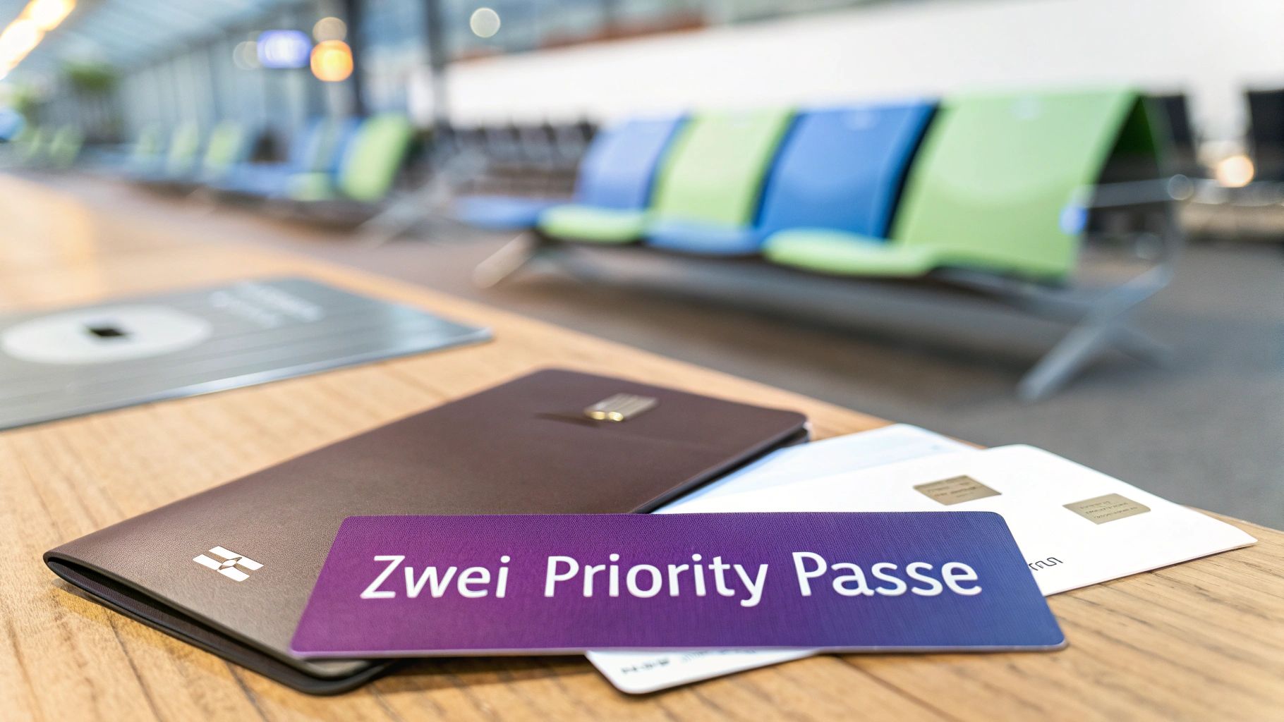 Zwei Priority Pässe und ein brauner Reiseordner auf einem Tisch in einer Flughafen-Lounge.
