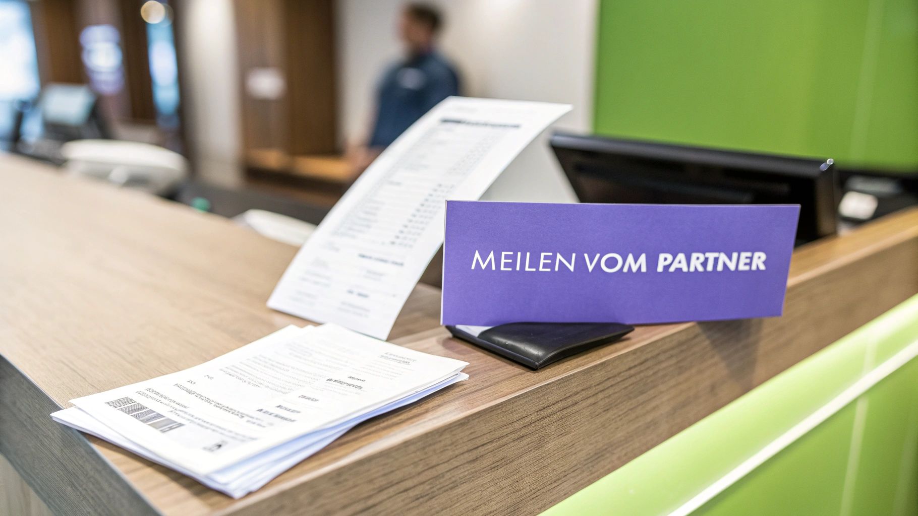 Rezeption mit Stapel Dokumenten, einem Portemonnaie und einem lila Schild "MEILEN VOM PARTNER".