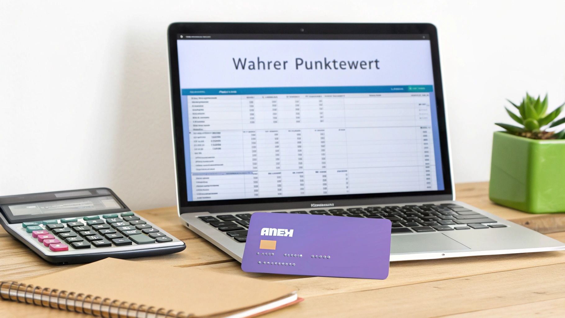 Ein Laptop zeigt eine Tabelle zum "Wahren Punktewert", daneben ein Taschenrechner, Notizbuch, Kreditkarte und Pflanze auf Holztisch.