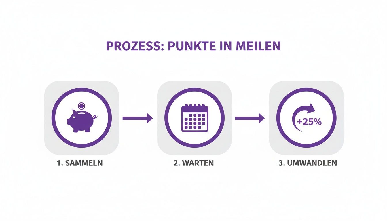 Prozess zur Umwandlung von Payback Punkten in Miles & More Meilen mit Sammeln, Warten und Umwandeln mit 25% Bonus.