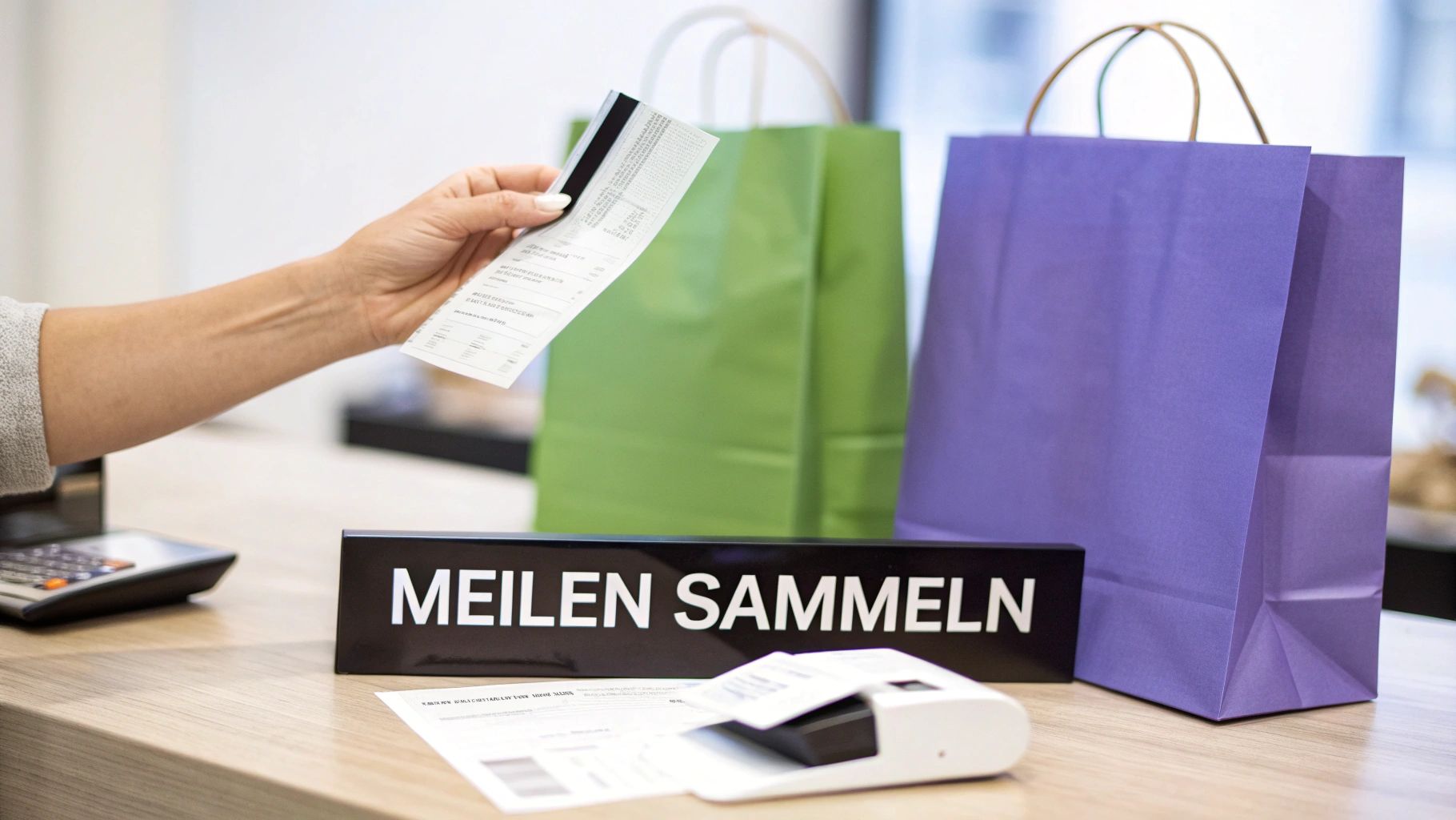 Eine Hand hält eine Kundenkarte und einen Kassenbon an einer Kasse mit Einkaufstaschen und einem 'Meilen Sammeln' Schild.