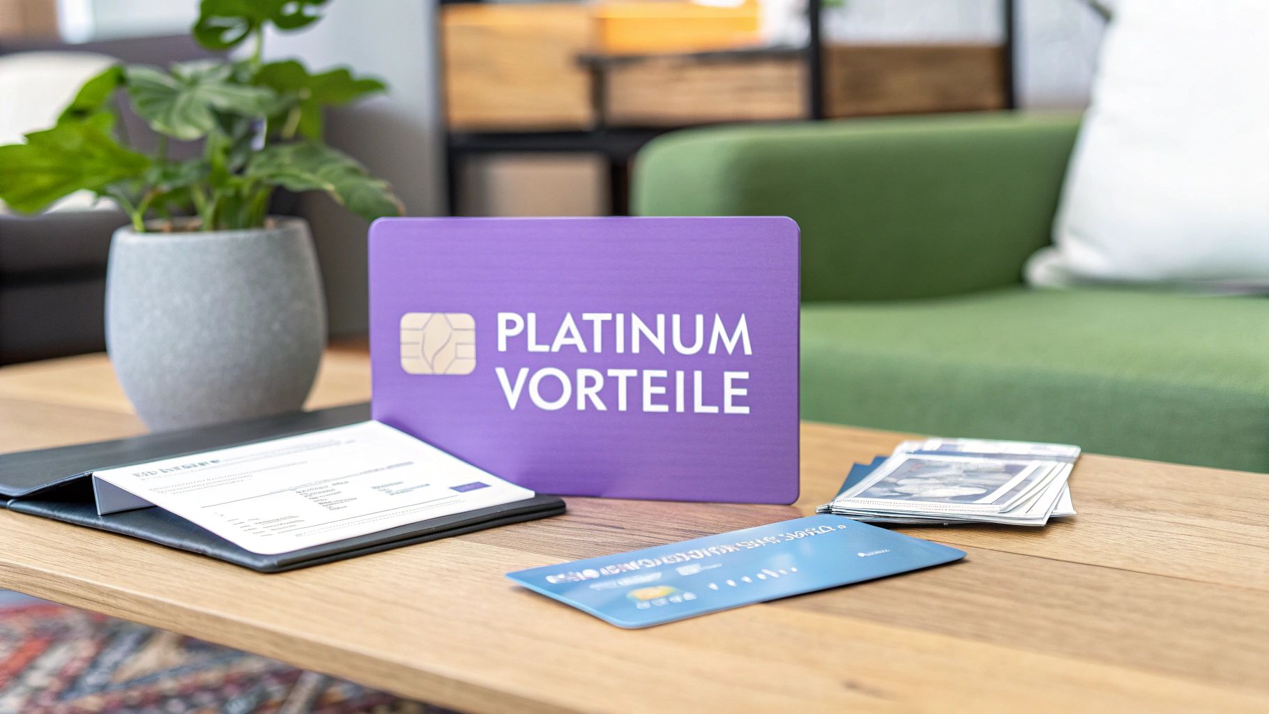 Ein lila Schild mit 'PLATINUM VORTEILE', eine blaue Kreditkarte und Dokumente auf einem Holztisch.