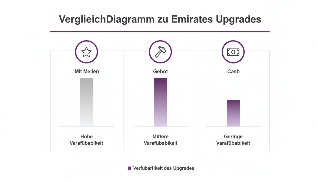 Balkendiagramm zum Vergleich der Verfügbarkeit von Emirates Upgrades über Meilen, Gebot und Cash.