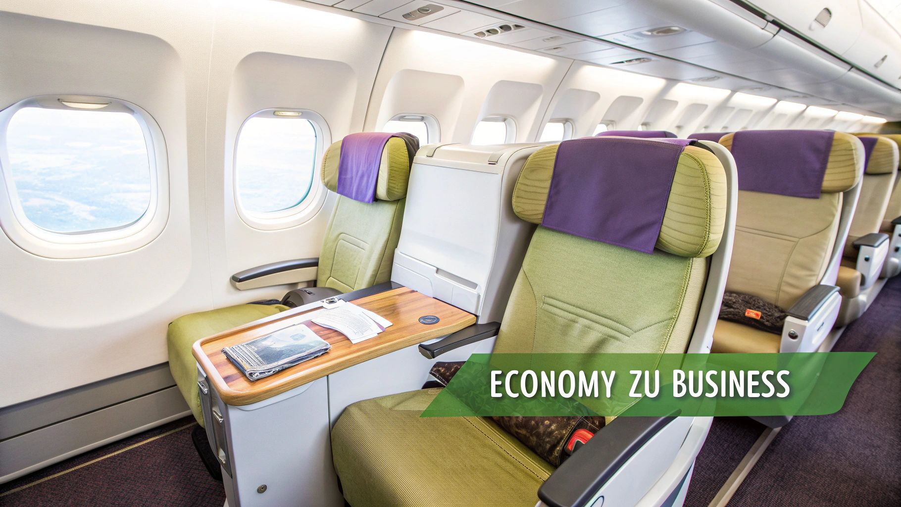 Innenansicht eines Flugzeugs mit bequemen Business-Class-Sitzen, lila Kopfstützen und einem Holztisch mit Magazin.