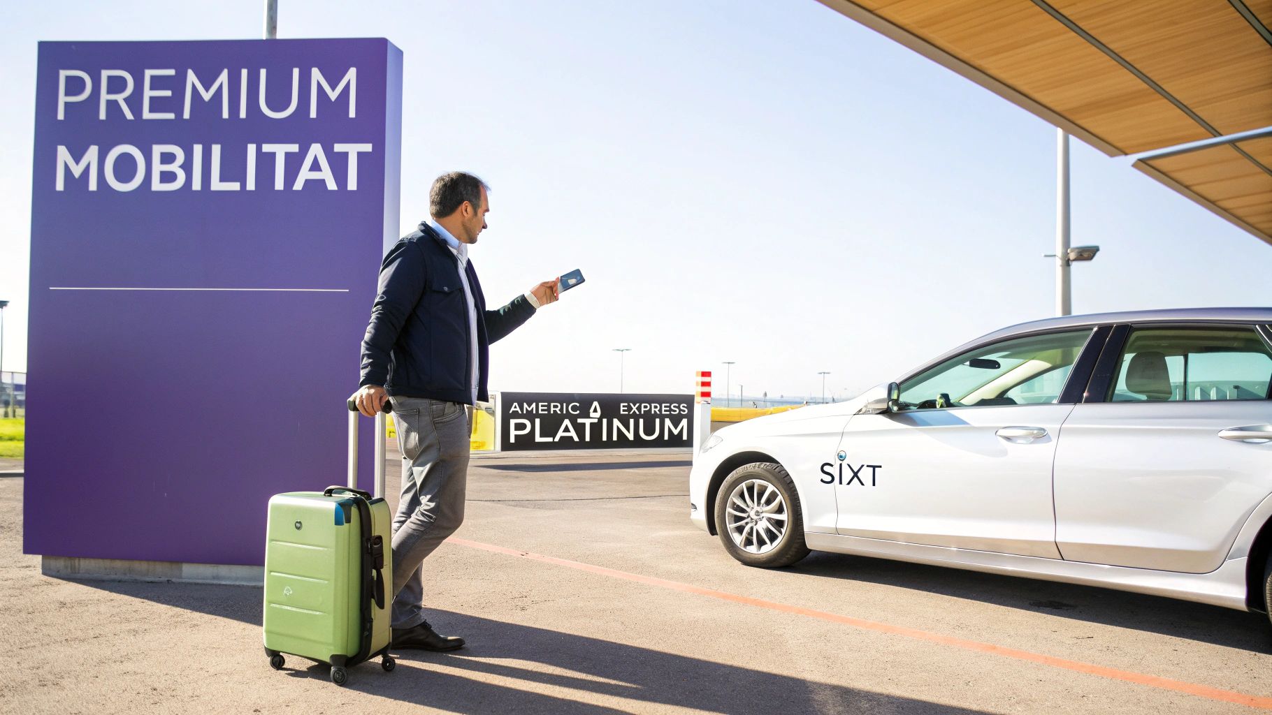 Ein Mann mit Koffer vor einem Sixt-Mietwagen und einem <a href=