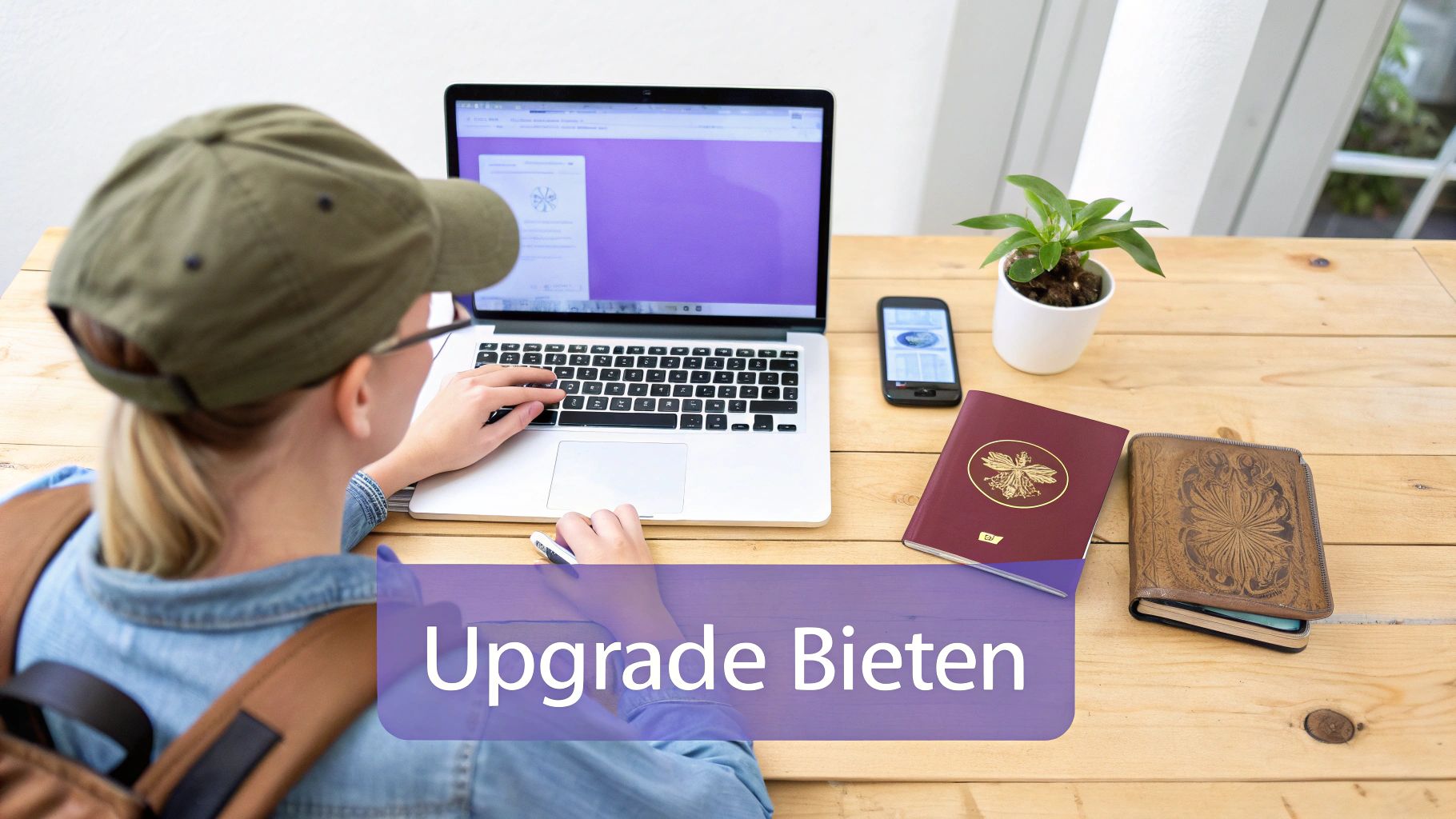 Person arbeitet am Laptop an einem Holztisch, umgeben von einem Smartphone, Pflanzen und Büchern.