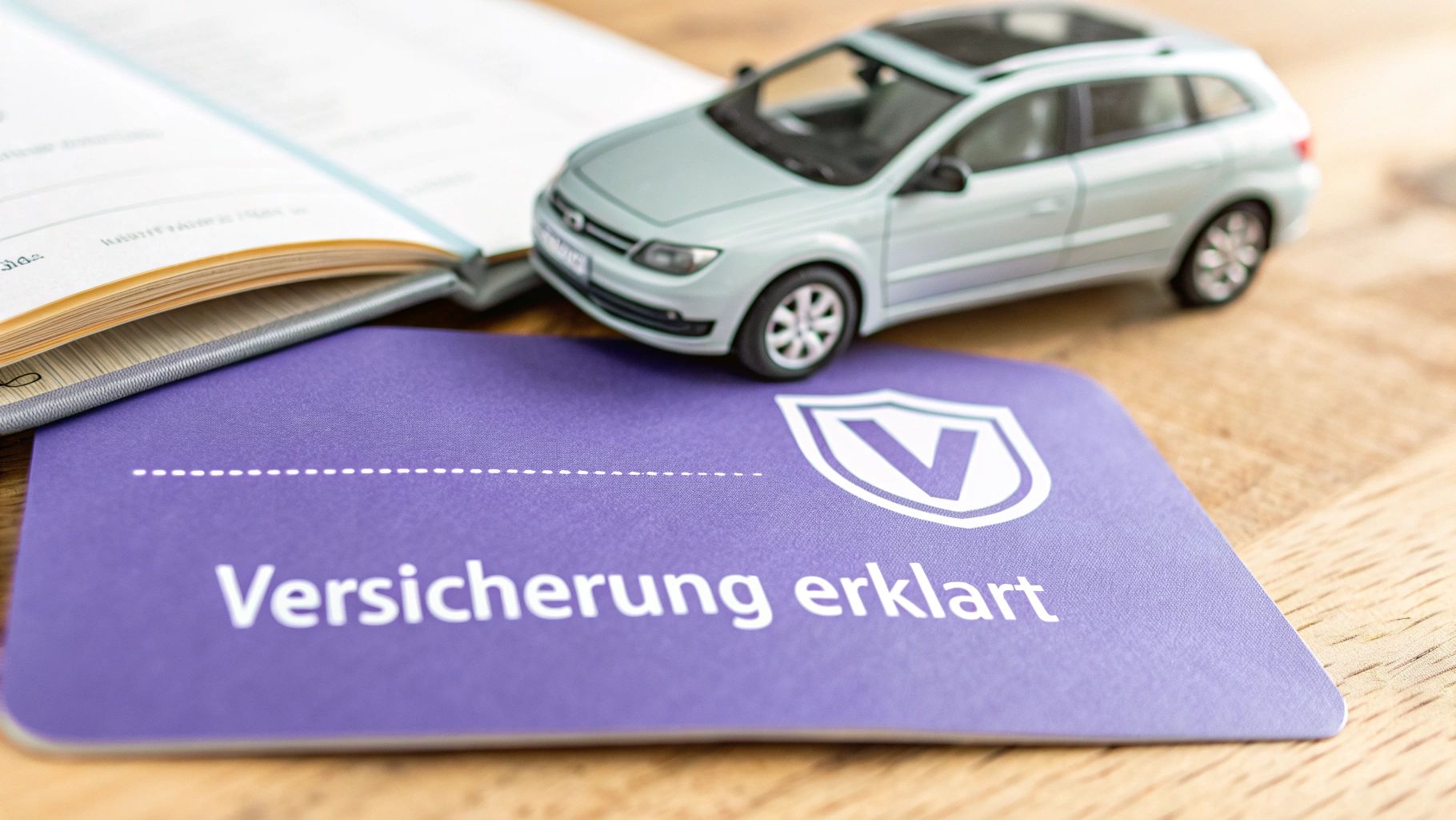 Ein Spielzeugauto, ein offenes Buch und eine lila Karte mit der Aufschrift „Versicherung erklärt“ und einem V-Logo.
