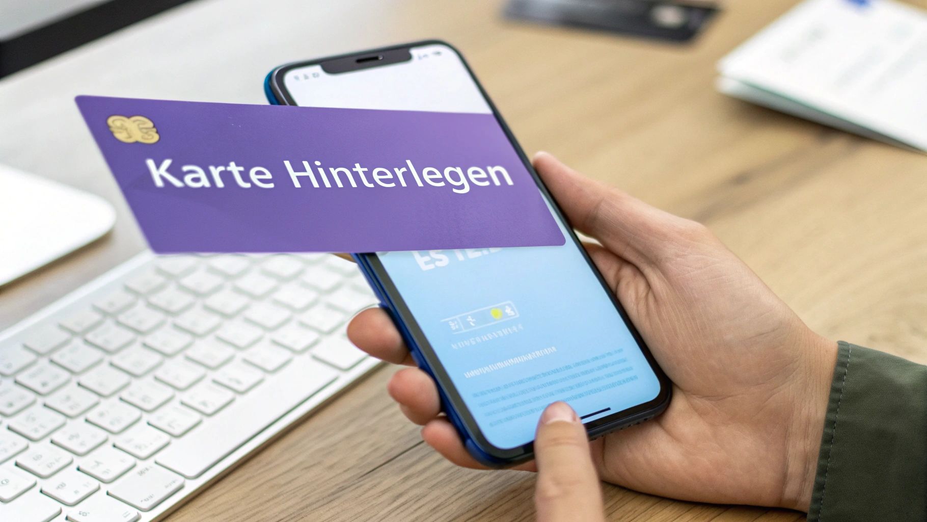 Person hinterlegt eine violette Karte mit 'Karte Hinterlegen' auf einem Smartphone. Eine Tastatur ist im Hintergrund sichtbar.