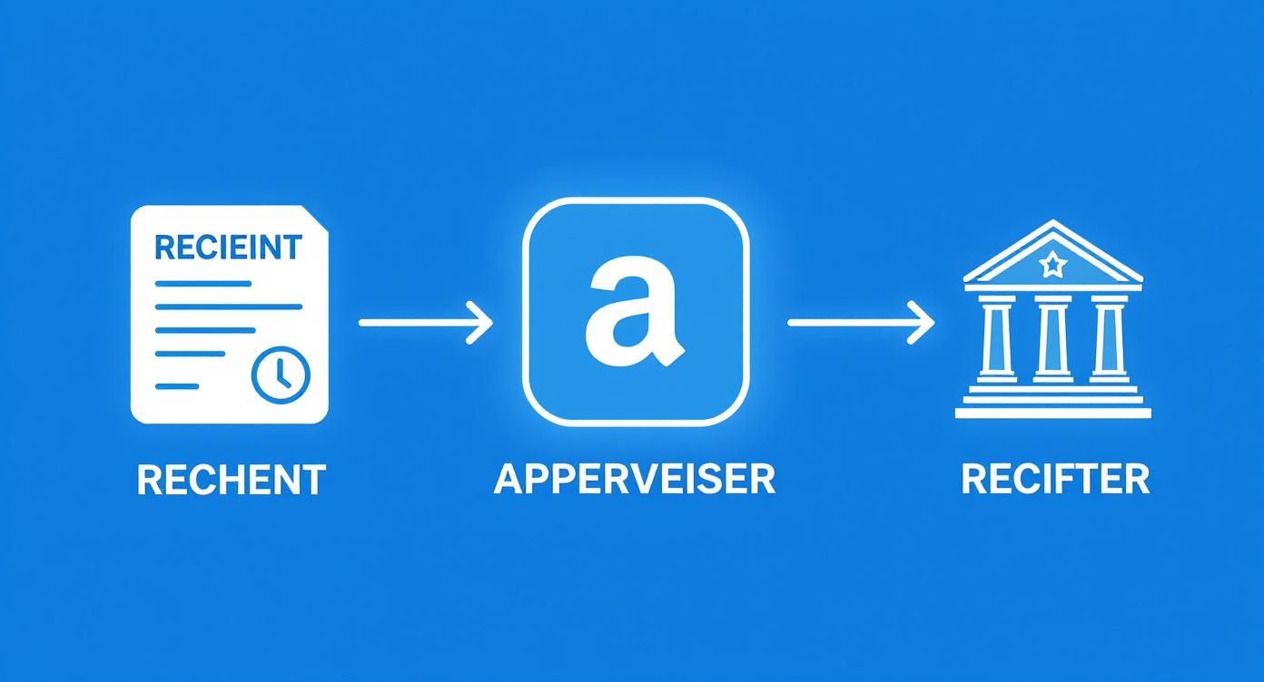 Diagramm des Rechnungszahlungsprozesses: Ein Beleg geht über eine App zu einem Finanzinstitut.