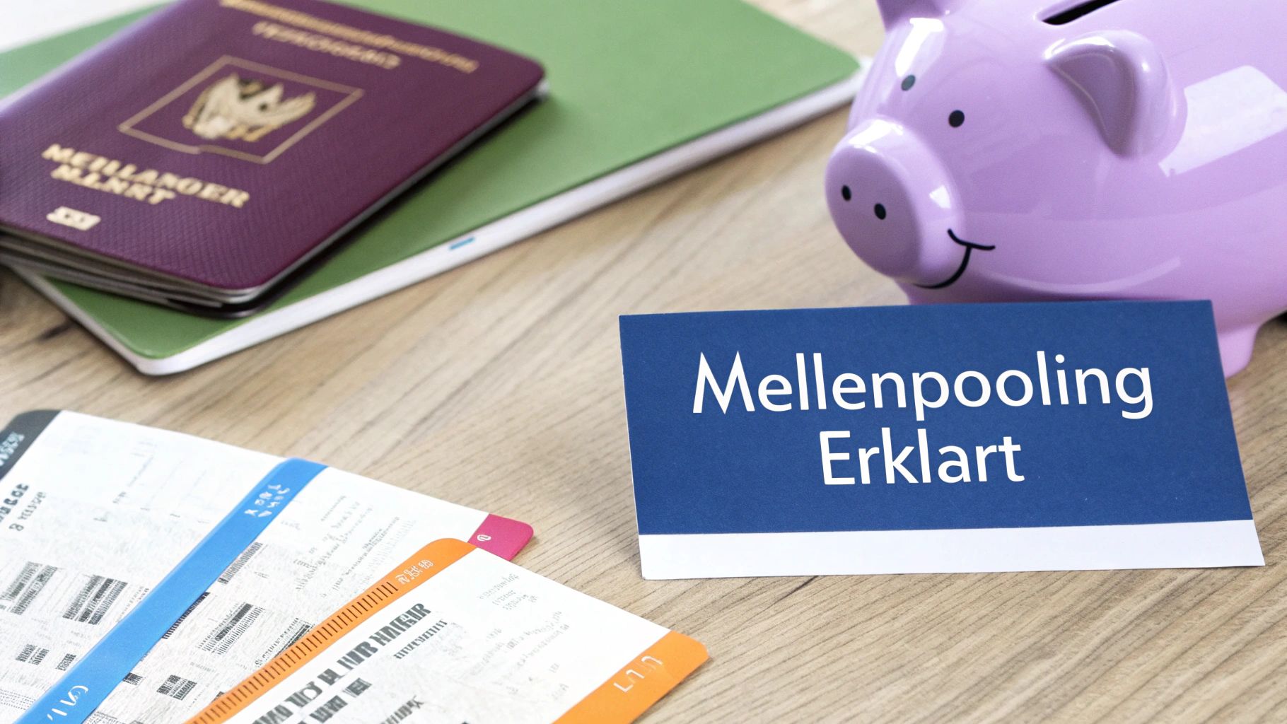 Reisevorbereitungen mit Reisepass, Flugtickets, Spardose und einer Karte mit der Aufschrift 'Meilenpooling Erklärt'.