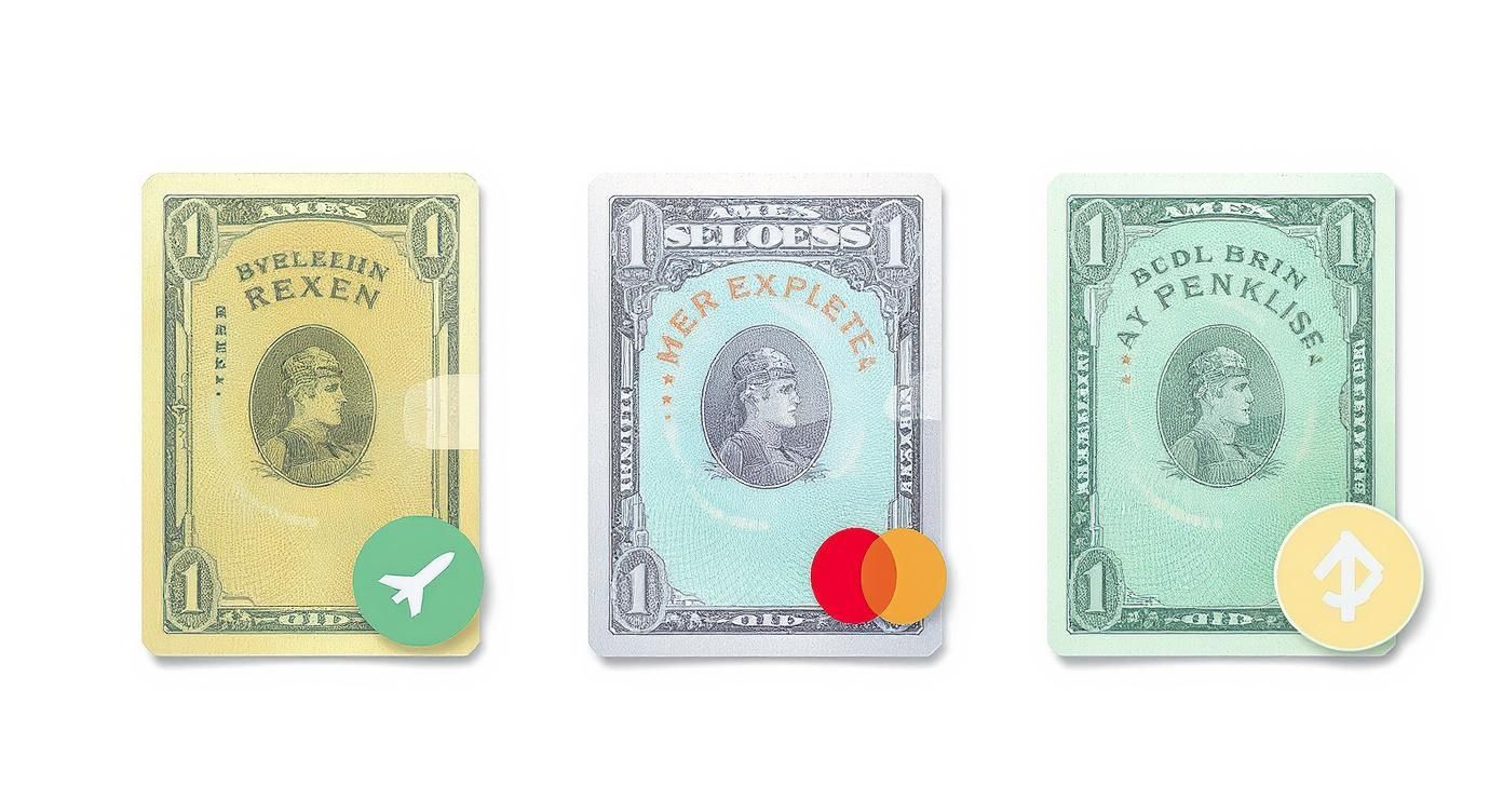 Vergleich von drei einzigartigen Zahlungskarten, darunter eine Amex-ähnliche Karte mit Flugzeug-Logo.