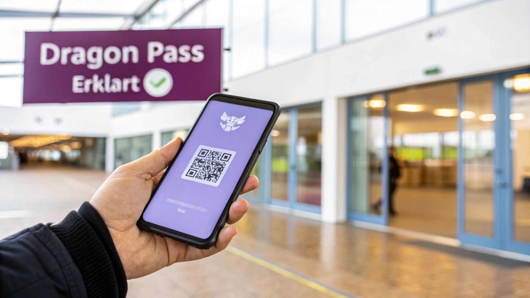 Hand hält Smartphone mit Dragon Pass QR-Code vor einem Schild 'Dragon Pass Erklärt' am Flughafen.