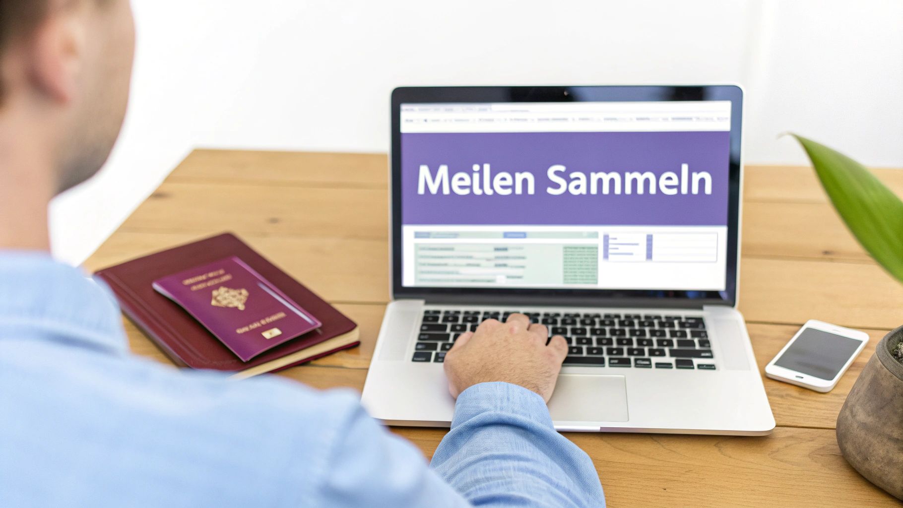 Mann sitzt am Holztisch und sammelt Meilen auf seinem Laptop. Ein Reisepass liegt daneben.