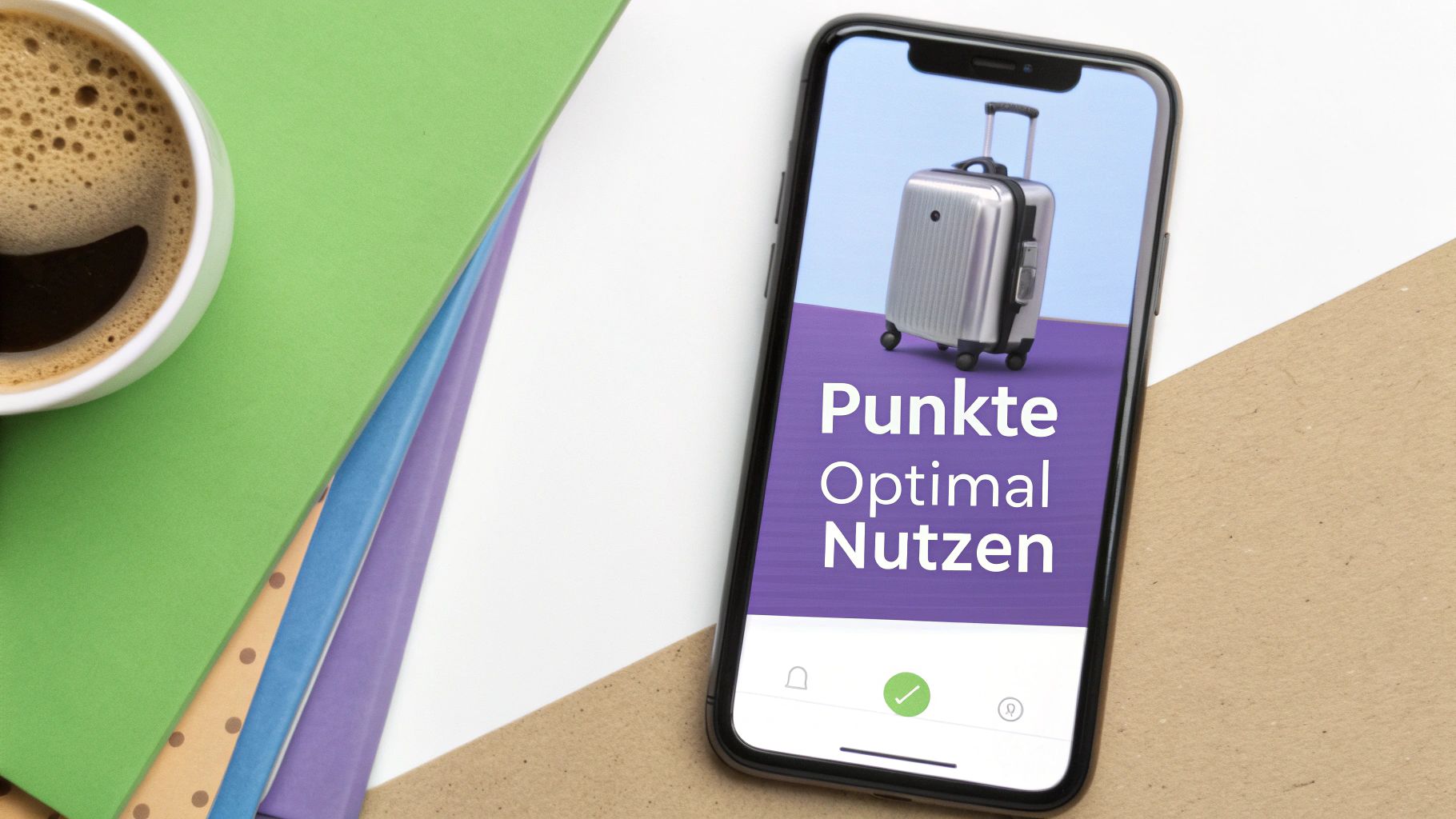Ein Smartphone mit einer App, die eine Reisetasche und den Text "Punkte Optimal Nutzen" zeigt, daneben Kaffee und Notizbücher.