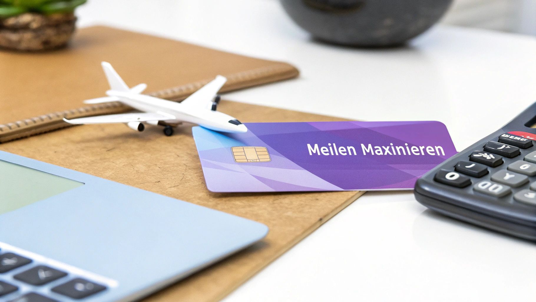 Kreditkarte 'Meilen Maxinieren' mit Flugzeugmodell, Laptop und Rechner für Reiseplanung und Prämien.