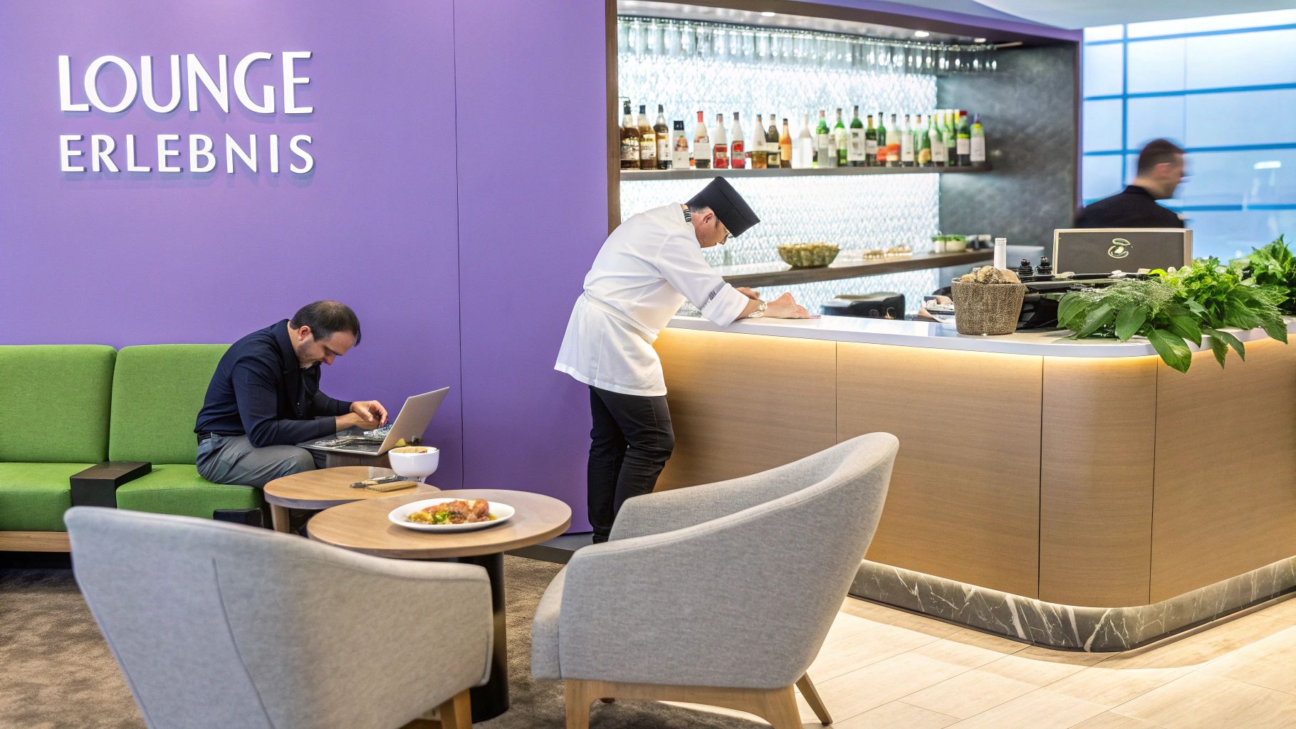 Moderne Lounge Erlebnis mit Laptop-Nutzer auf Sofa, Koch an der Bar und Getränkeauswahl.