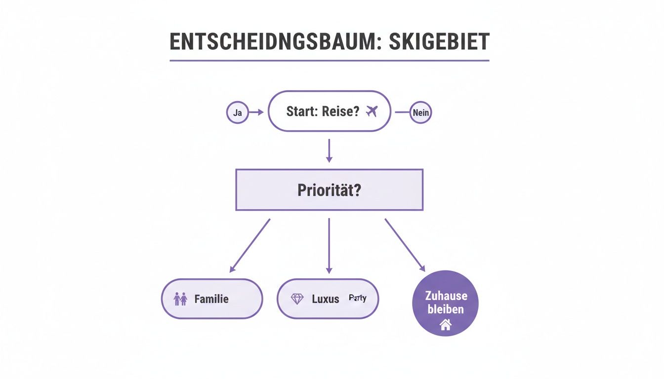 Ein Entscheidungsbaum zur Auswahl eines Skigebiets, der Reiseentscheidung und Prioritäten wie Familie oder Luxus visualisiert.