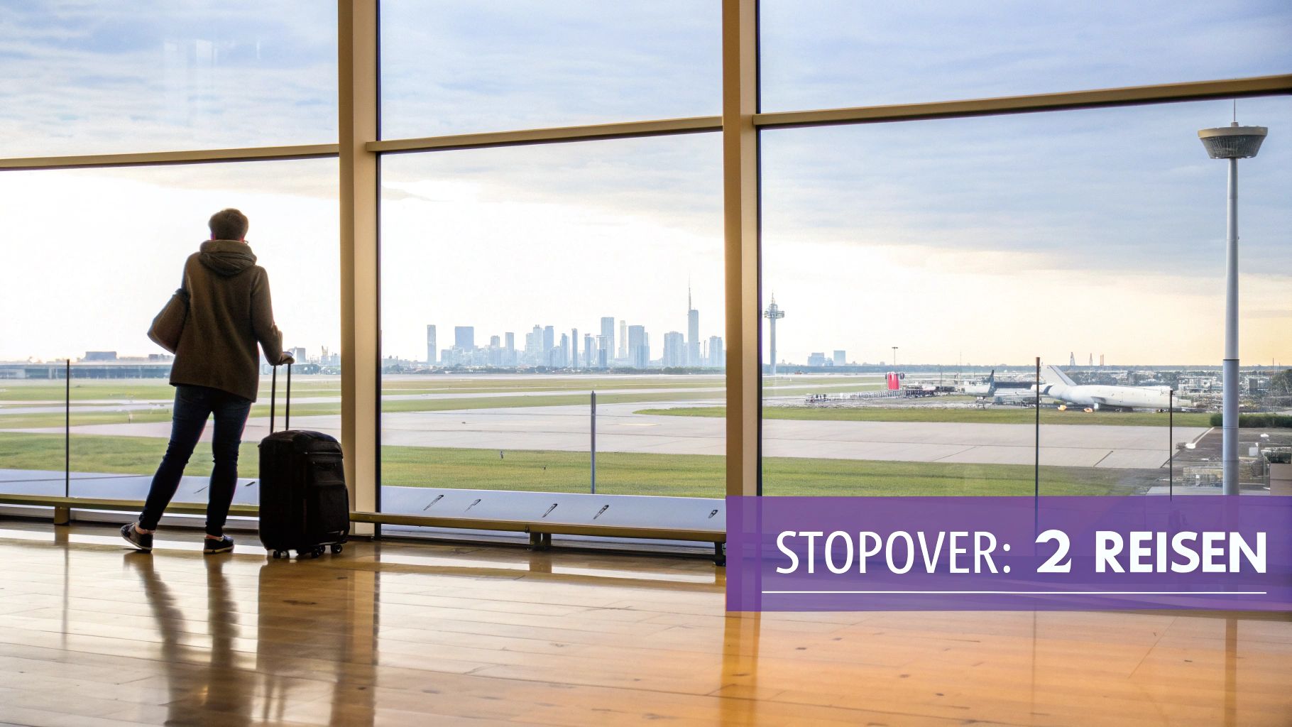 Eine Person steht mit Gepäck am Flughafenfenster und blickt auf das Rollfeld und die Skyline.