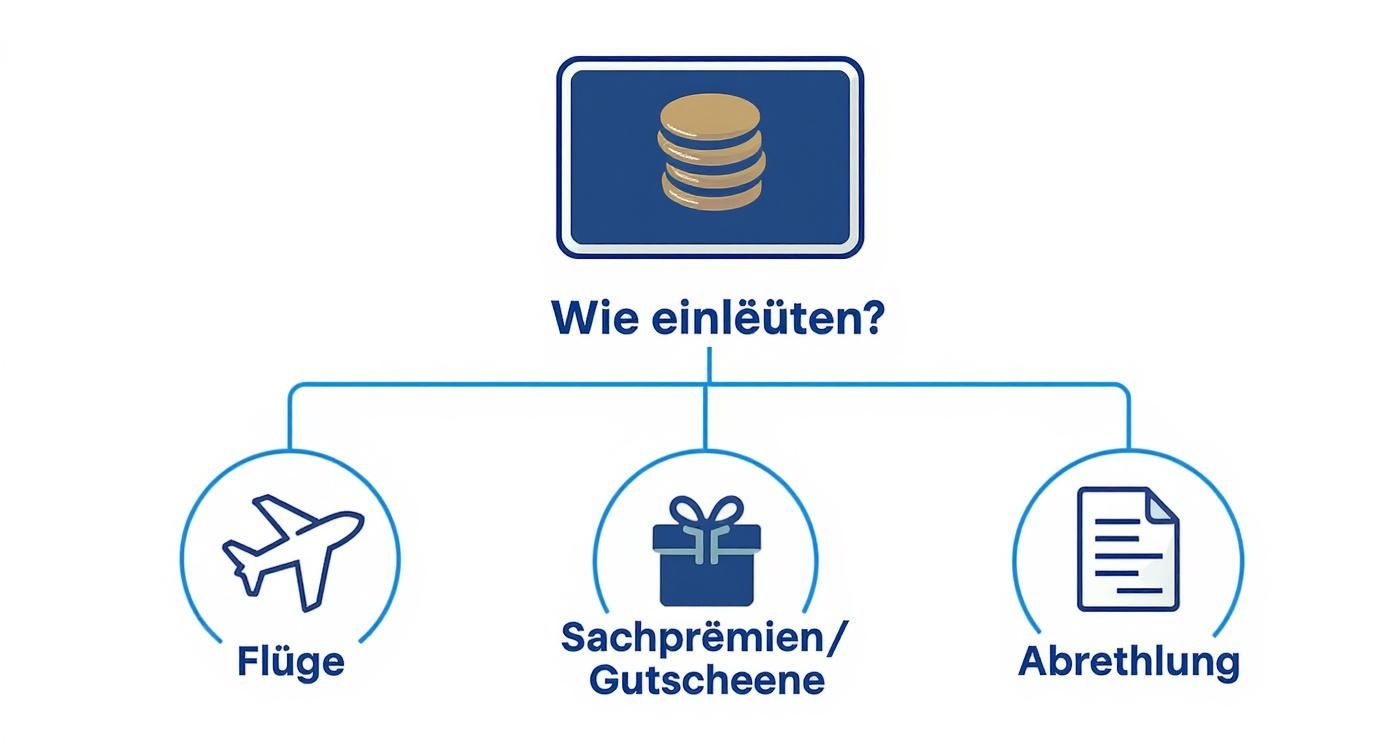 Ein Entscheidungsbaum, der den Weg zur Maximierung von Amex Bonuspunkten visualisiert, mit Pfaden für Flüge, Sachprämien und Abrechnungen.