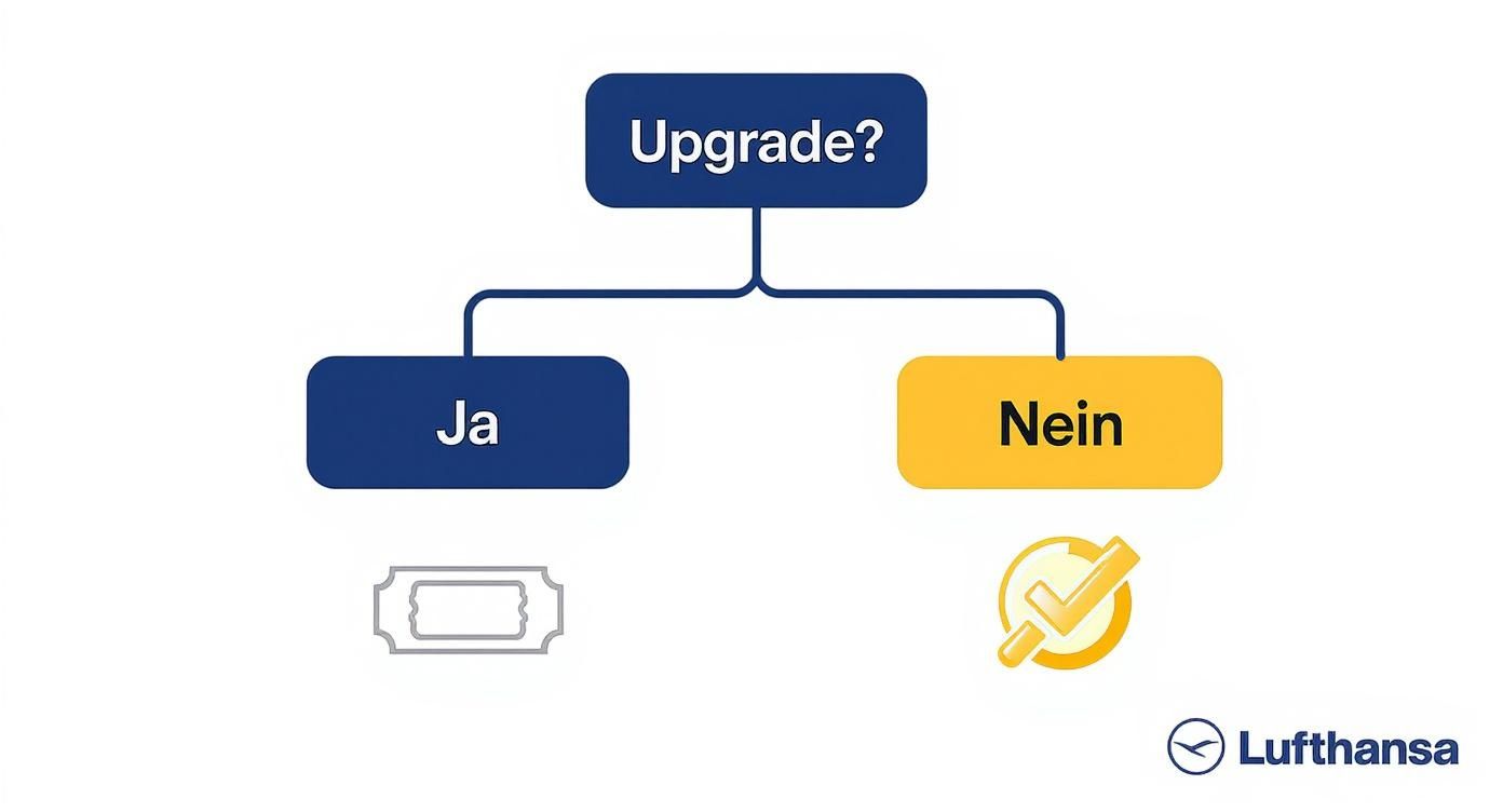 Entscheidungsdiagramm für Lufthansa Upgrade: Ja-Option mit Ticket-Symbol, Nein-Option mit goldenem Häkchen-Symbol
