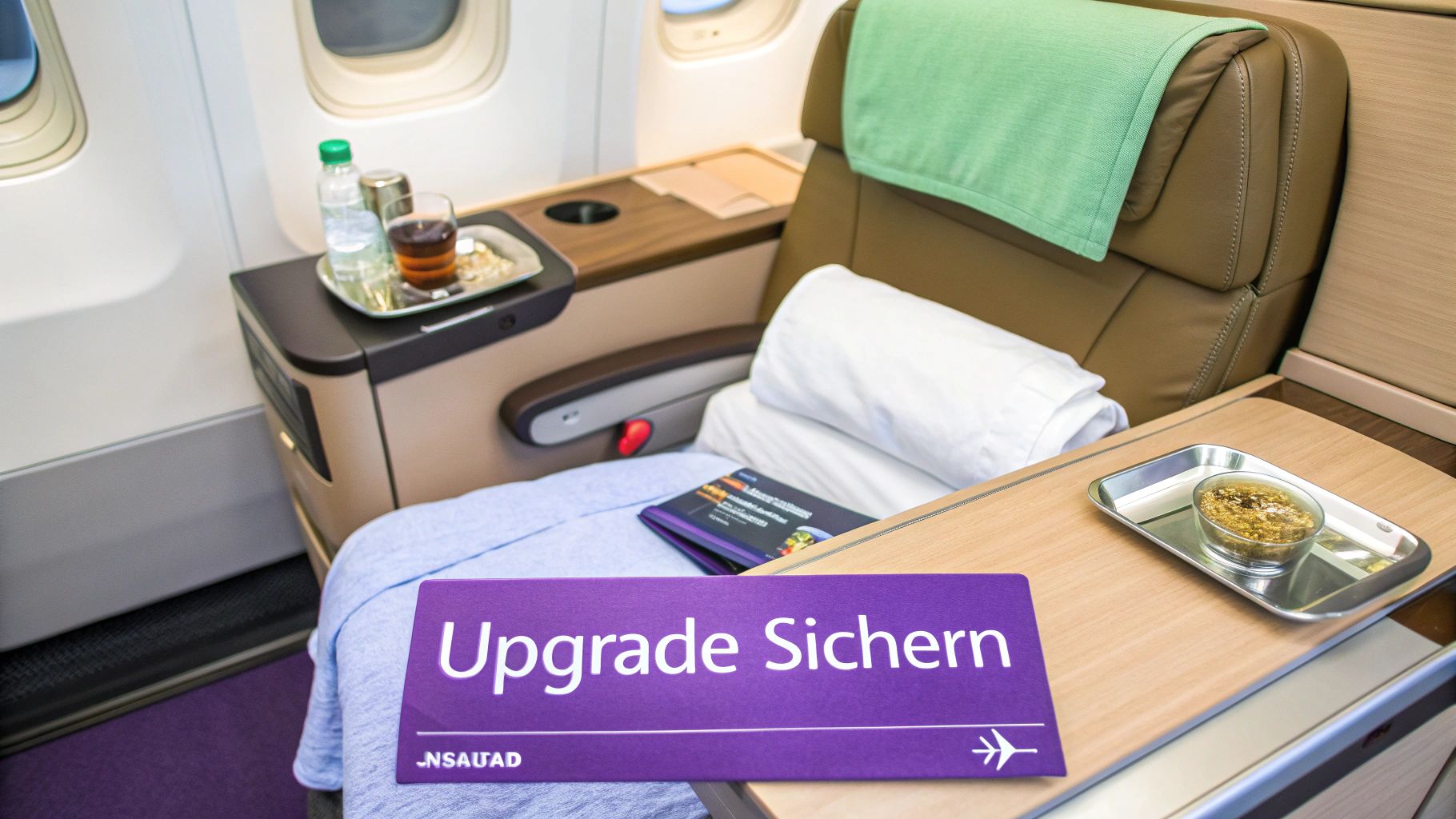 Geräumige Flugzeugkabine mit luxuriösem Sitz, Getränken und Snack. Ein Schild bewirbt "Upgrade Sichern".