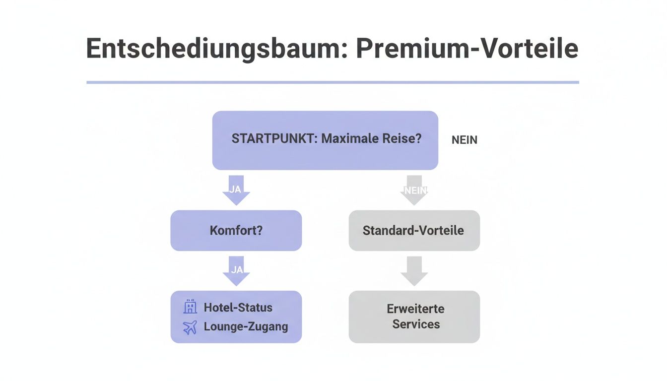 Entscheidungsbaum zeigt Premium-Vorteile basierend auf Reisepräferenzen wie Komfort, Hotel-Status und Lounge-Zugang.