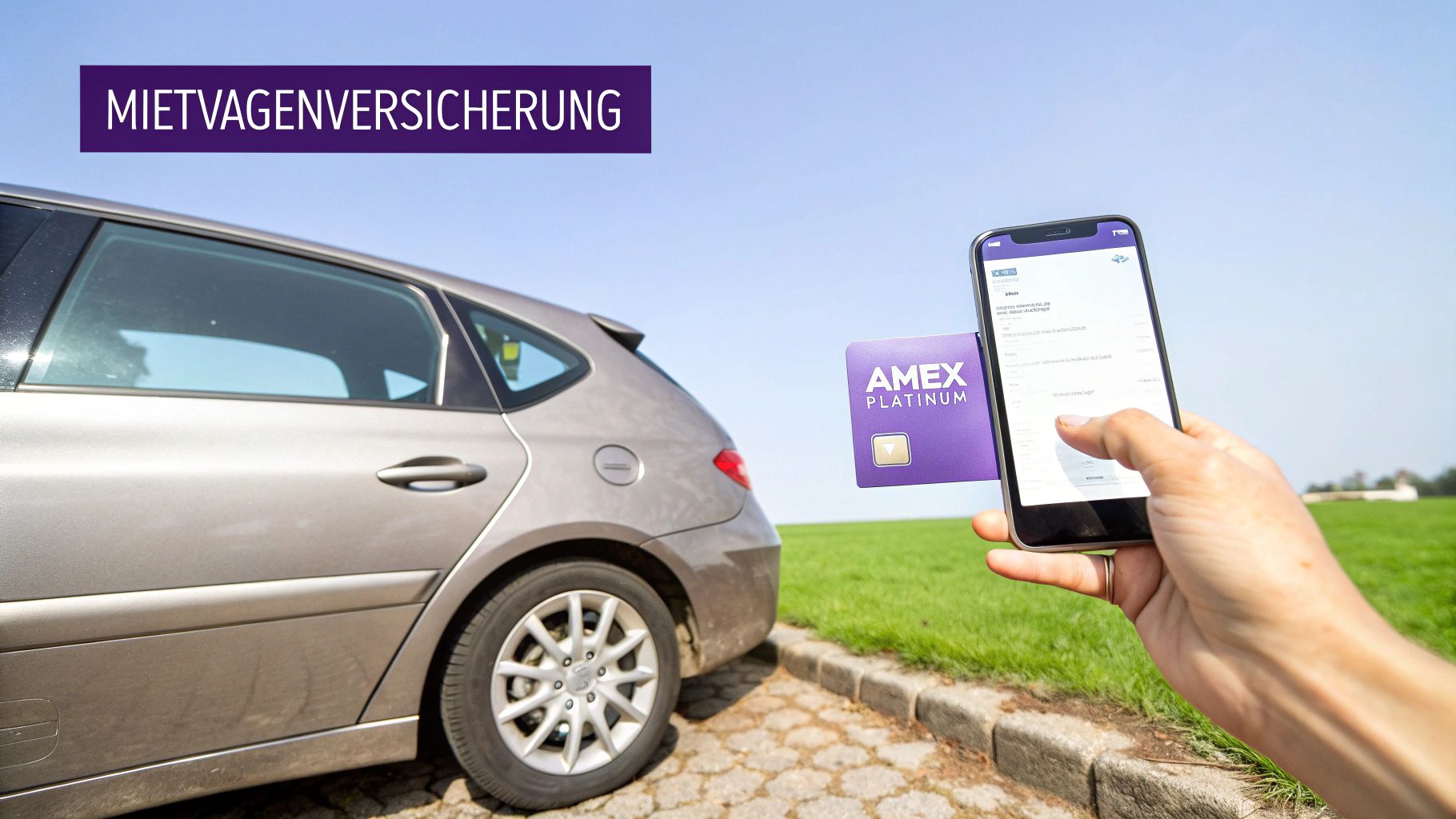 Ein graues Auto, eine Amex Platinum Karte und ein Smartphone neben einem Schild mit Mietwagenversicherung.
