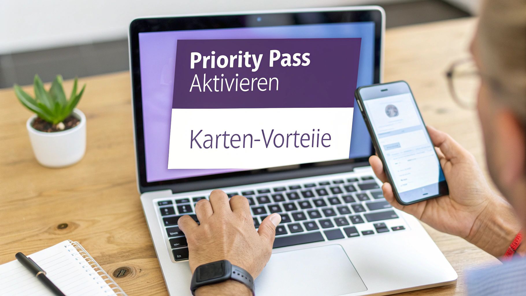 Eine Person aktiviert ihren Priority Pass online auf einem Laptop, während sie Vorteile auf dem Smartphone prüft.