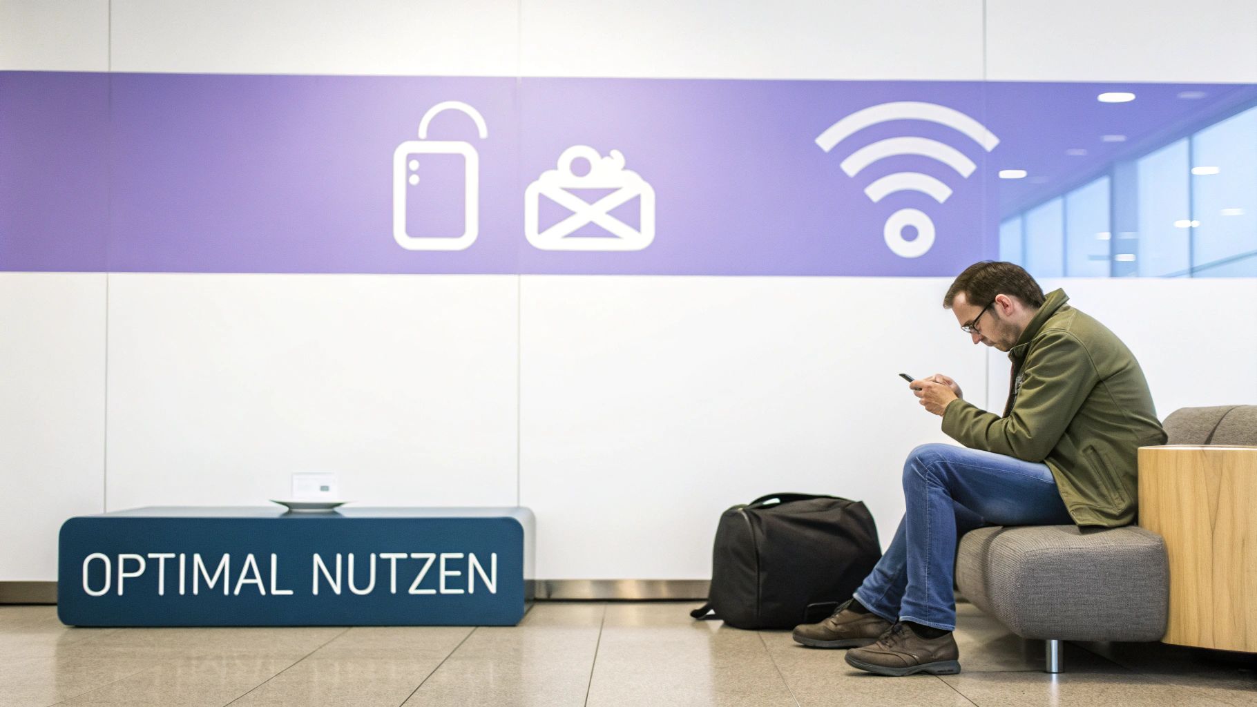 Ein Mann sitzt in einem Wartebereich und nutzt sein Smartphone, mit WLAN-Symbolen und einem Schild „OPTIMAL NUTZEN“.