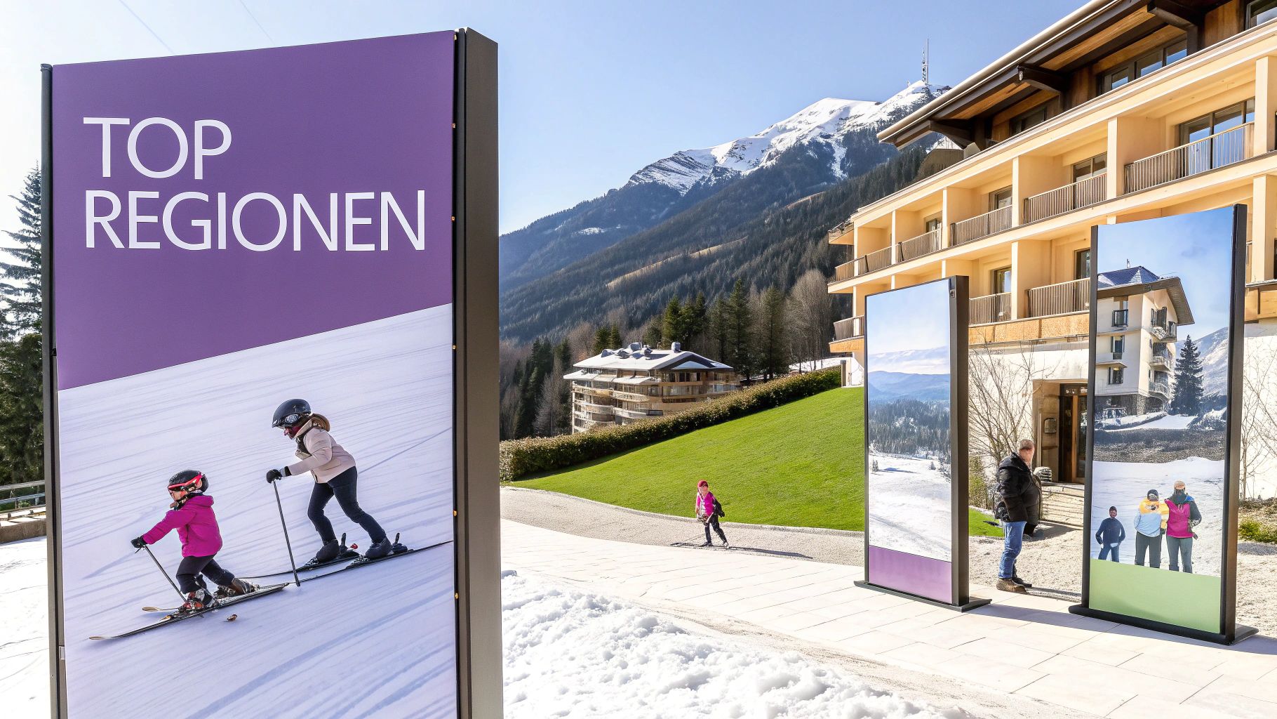 Große Werbetafel für Skigebiete mit Bildern von Skifahrern, Bergen und Winterlandschaften vor einem Hotel.