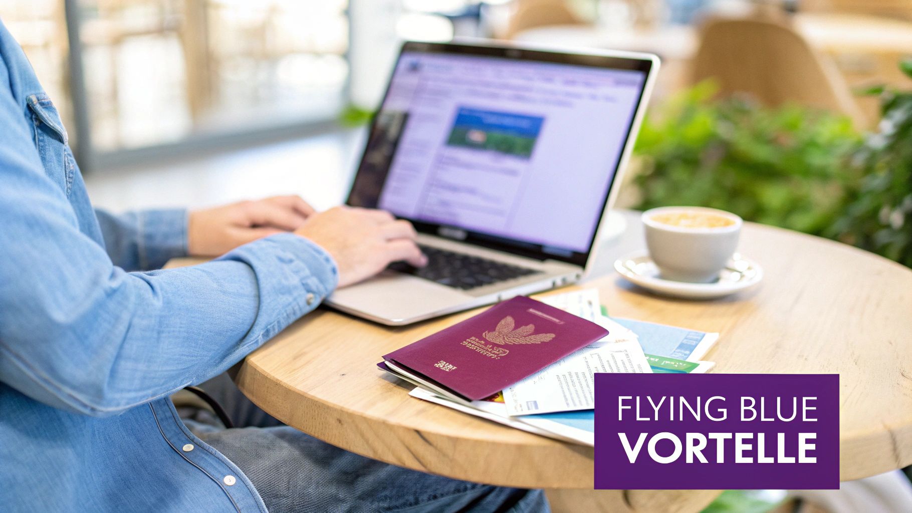 Eine Person tippt auf einem Laptop, daneben ein Reisepass und Kaffee, mit dem Schriftzug 'Flying Blue Vorteile'.