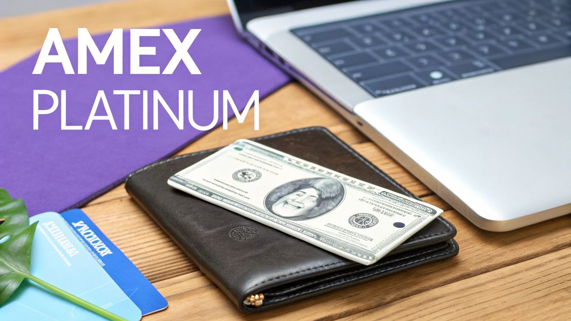 Eine Arbeitsfläche mit Laptop, Geldbörse, Amex Platinum Text und lachendem Dollarnoten-Gesicht.