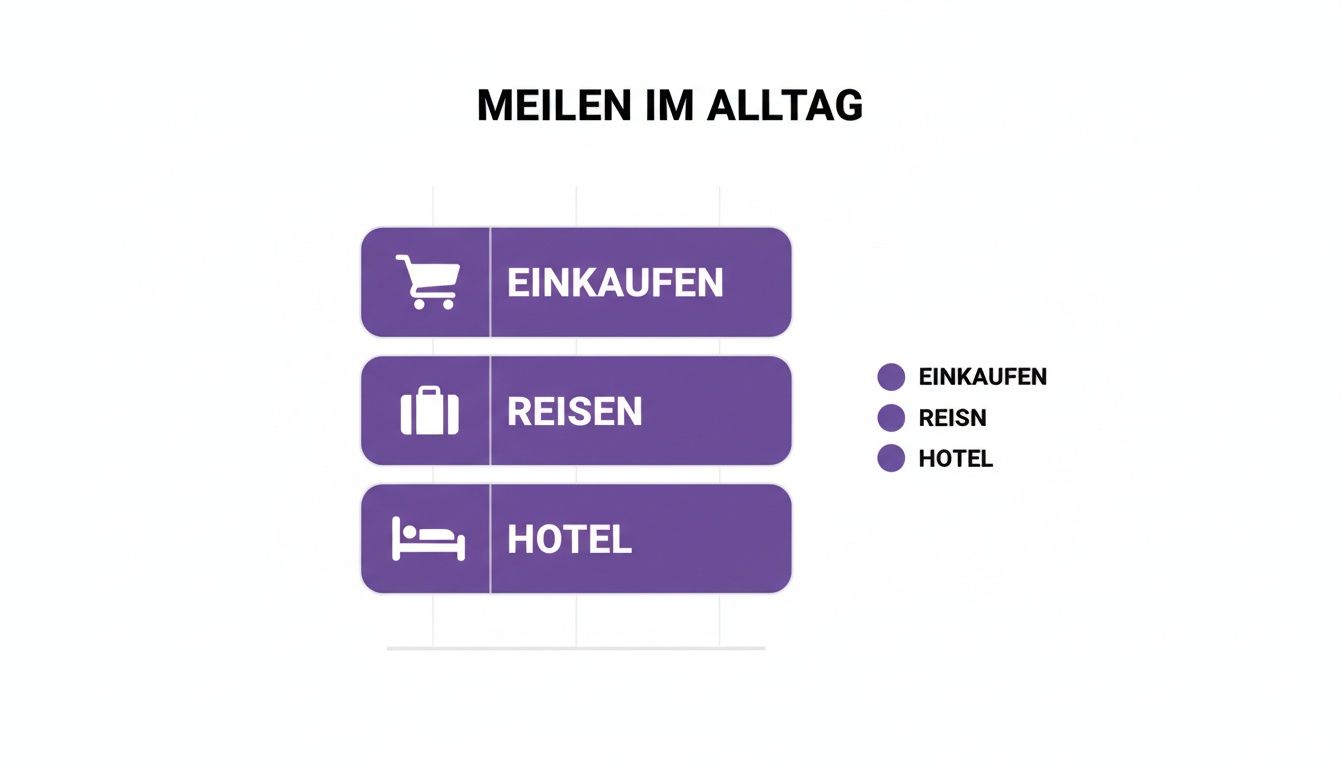 Infografik: Meilen sammeln im Alltag mit Kategorien wie Einkaufen, Reisen und Hotel, jeweils mit Symbolen.