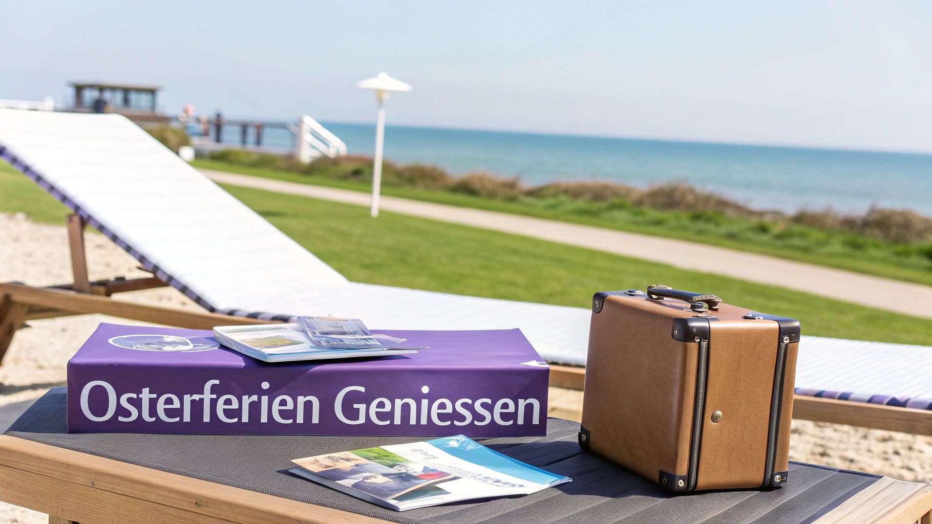 Strandurlaub: Ein Loungesessel mit Reisebroschüren, einem Koffer und einer Box mit "Osterferien Geniessen" am Meer.