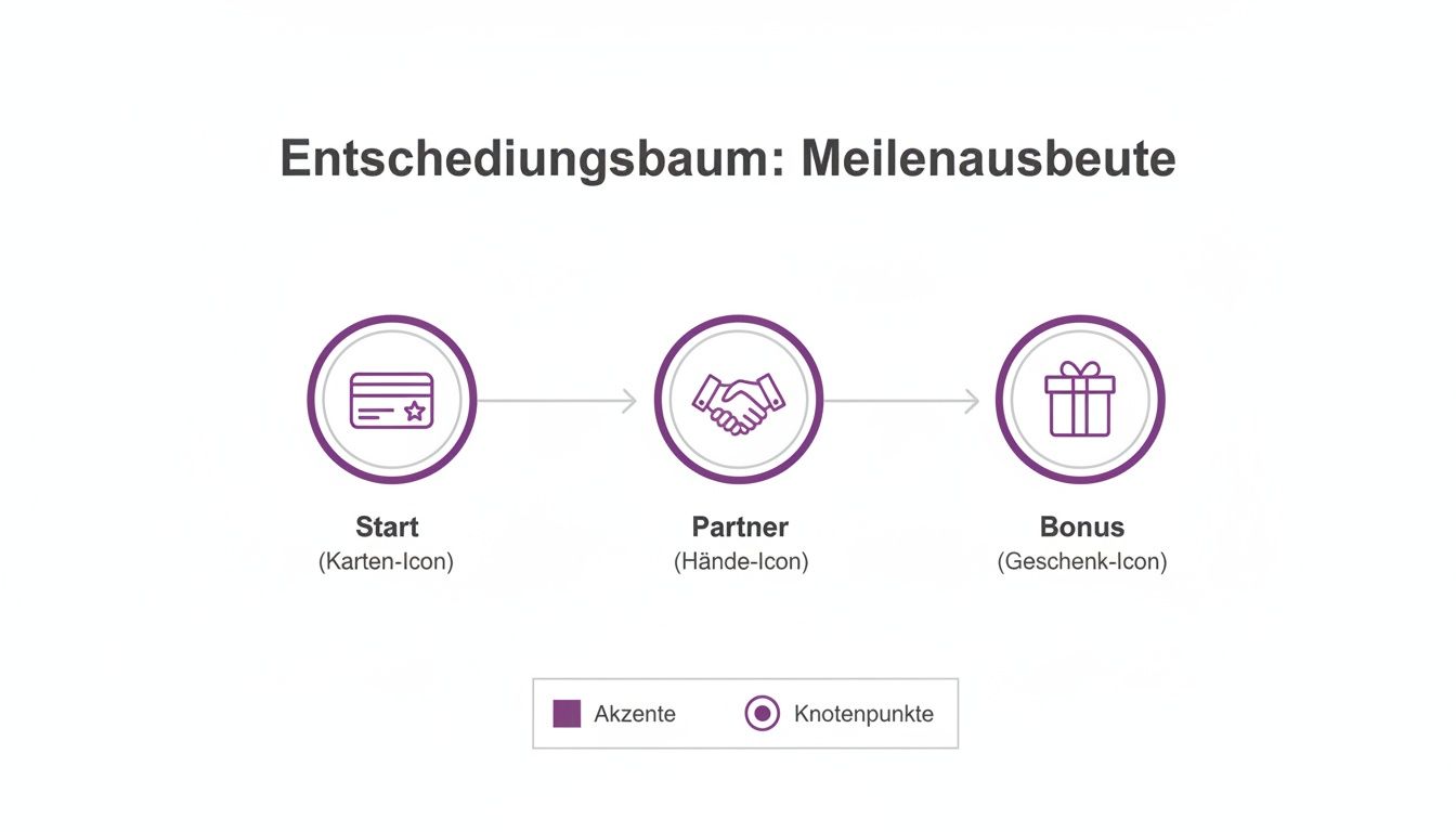 Flussdiagramm: Meilenausbeute mit Schritten wie Start (Karten-Icon), Partner (Hände-Icon) und Bonus (Geschenk-Icon).