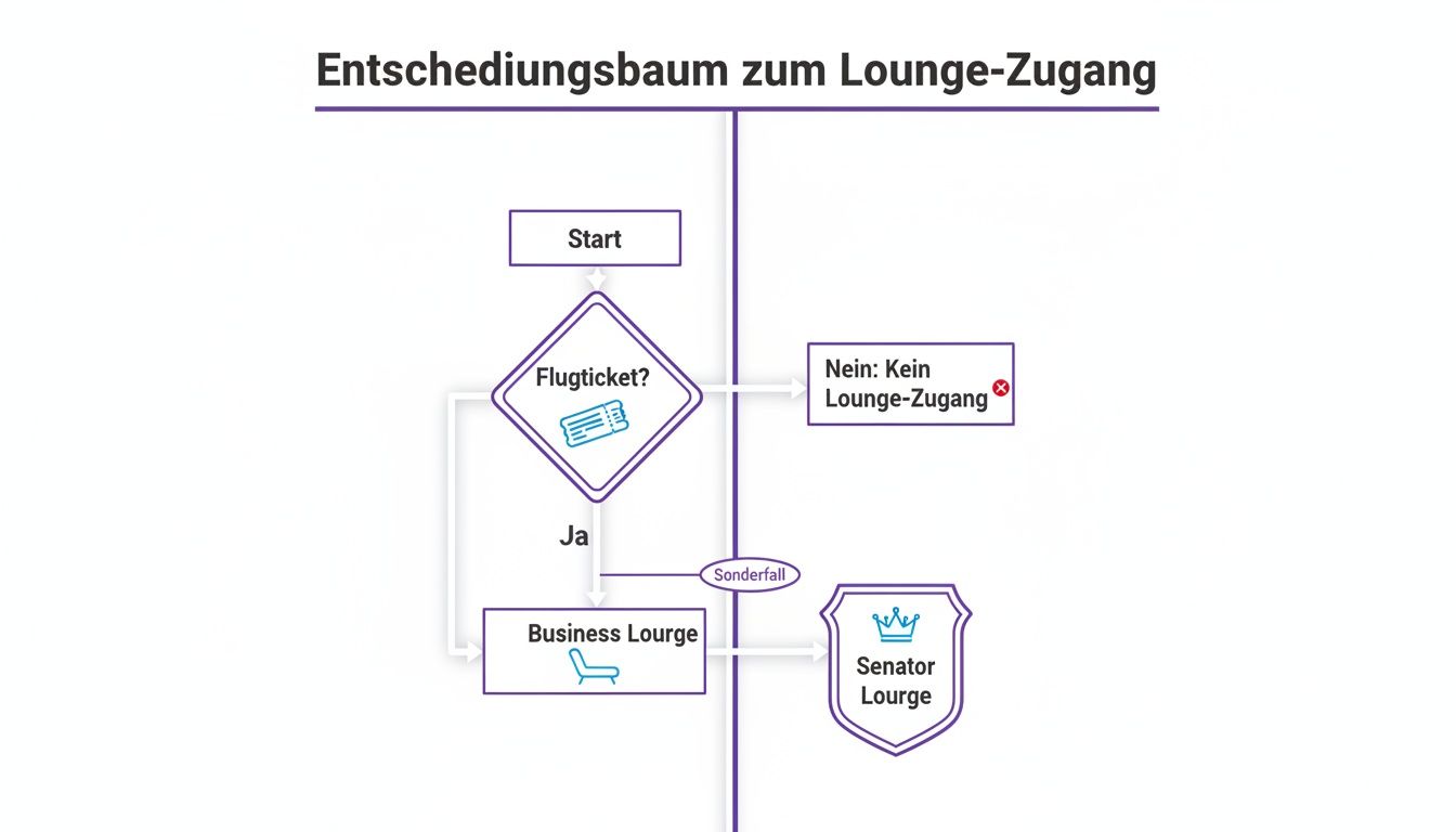 Entscheidungsbaum zum Lounge-Zugang, der den Pfad von Start über Flugticket-Prüfung bis zur Business oder Senator Lounge zeigt.