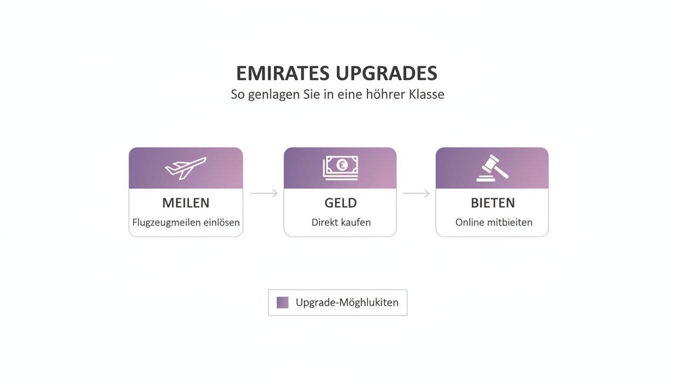 Grafik zeigt drei Emirates-Upgrade-Optionen: Meilen einlösen, direkt kaufen oder online mitbieten.