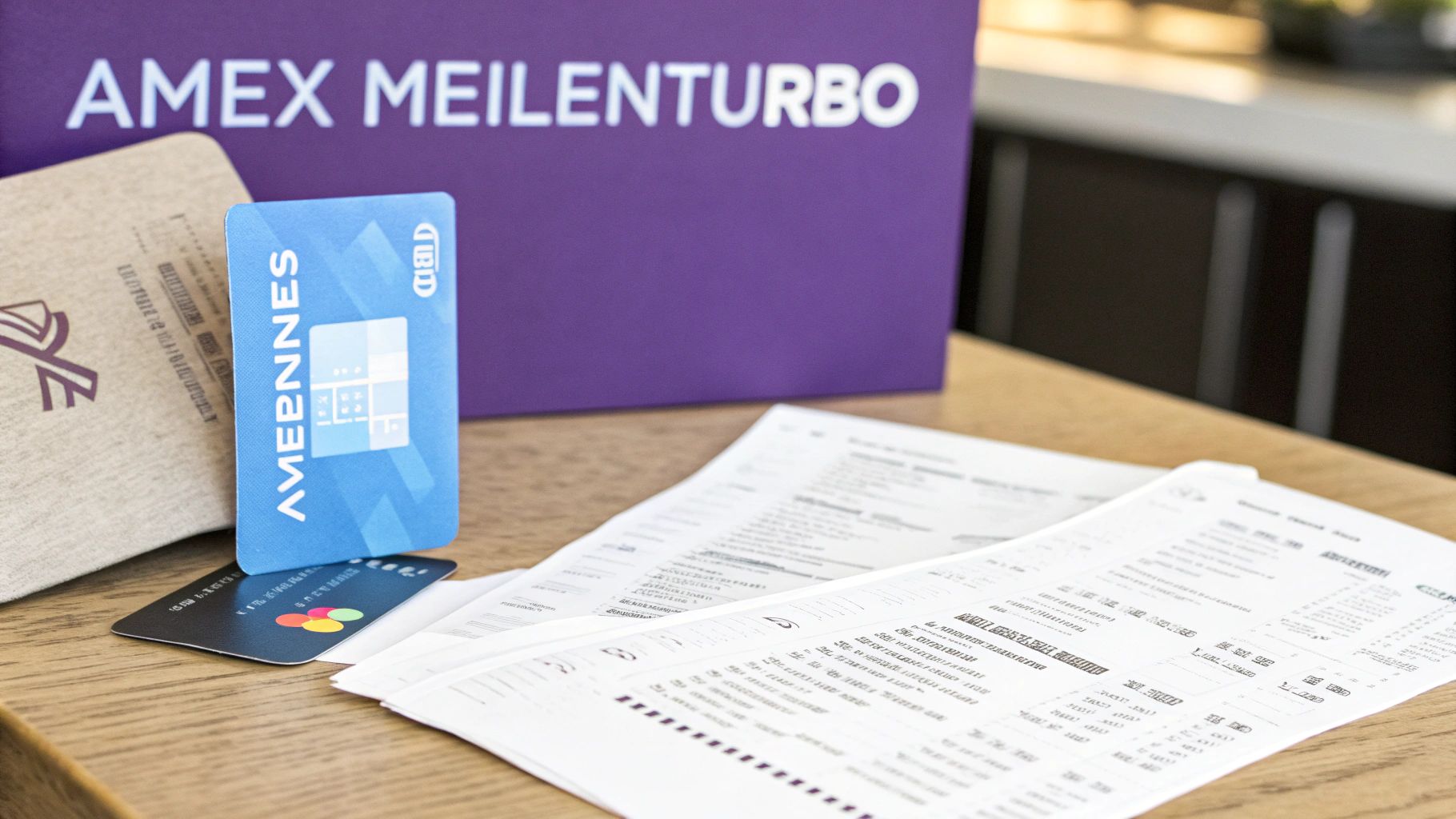 Mehrere Kreditkarten und Finanzdokumente auf einem Holztisch, mit einem lila Schild 'AMEX MEILENTURBO' im Hintergrund.