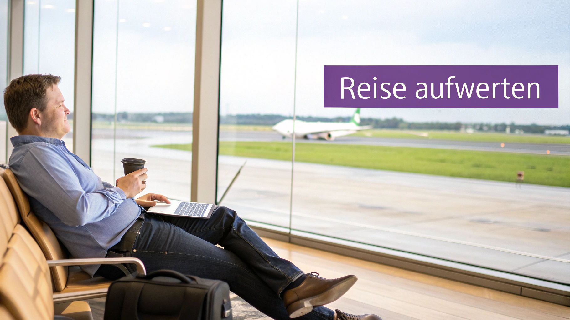 Mann entspannt sich in einer Flughafen-Lounge, blickt auf ein startbereites Flugzeug und arbeitet am Laptop.