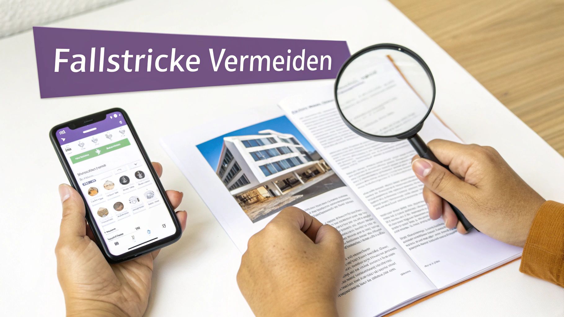 Eine Person prüft Dokumente mit einer Lupe, während eine andere Person ein Smartphone hält, um Fallstricke zu vermeiden.